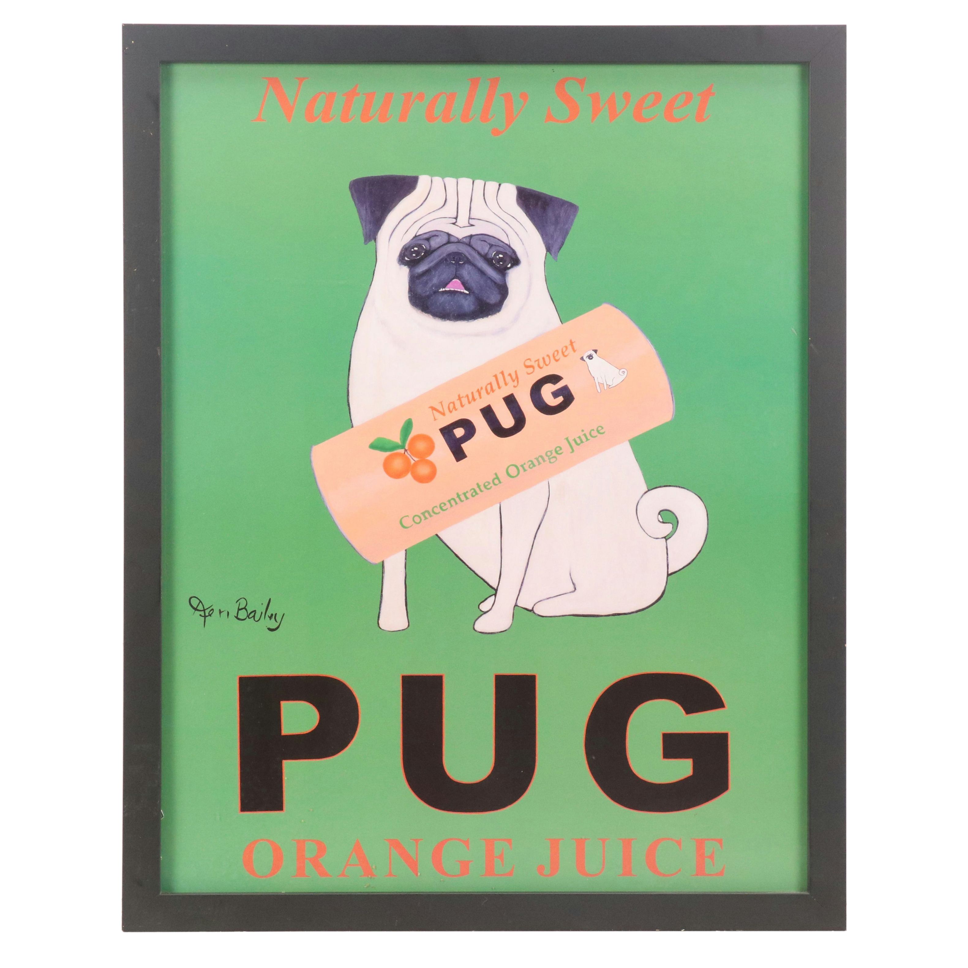 Offset Lithograph Poster After Ken Bailey "Pug Orange Juice"