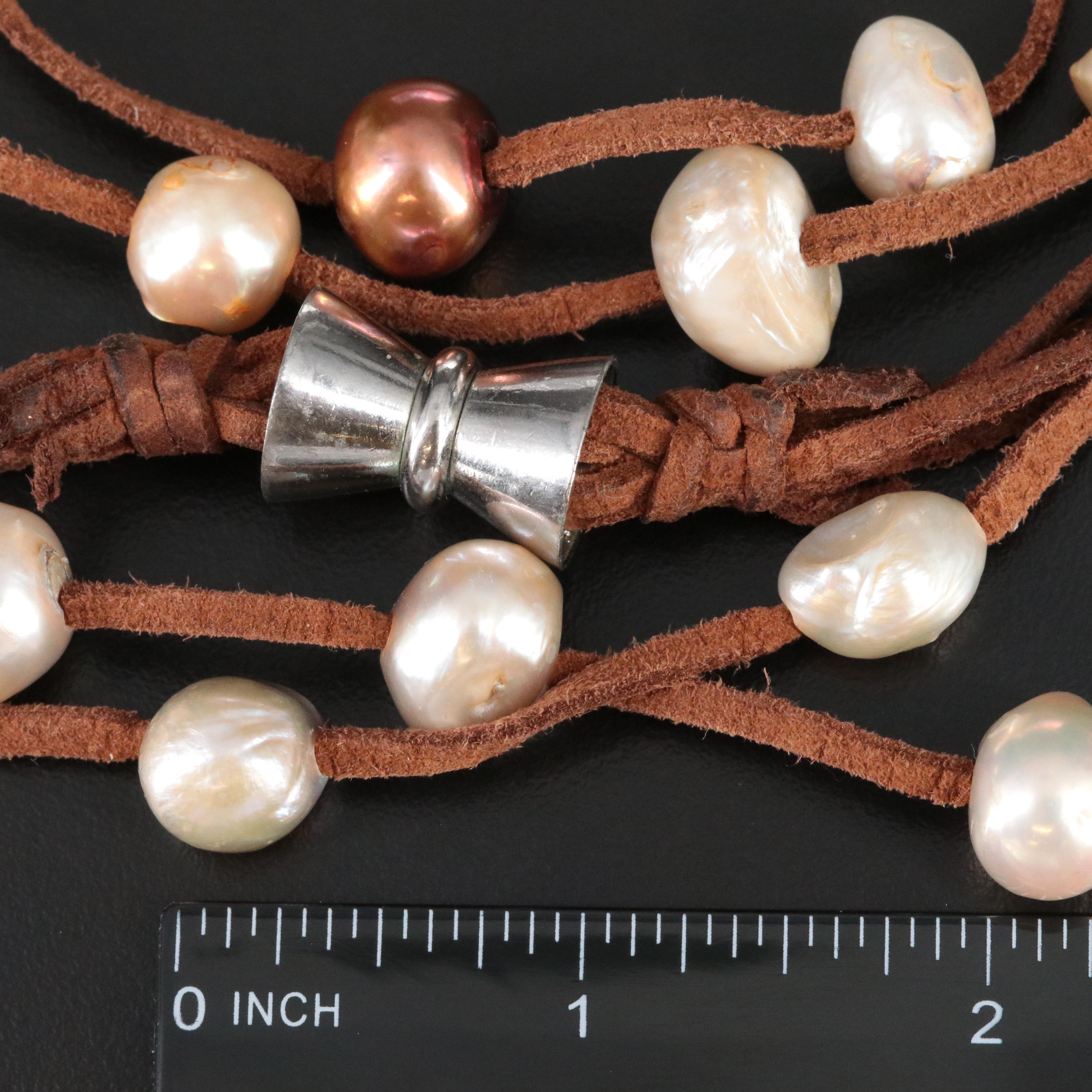 Pearl and Leather Multi Strand  Station Necklace