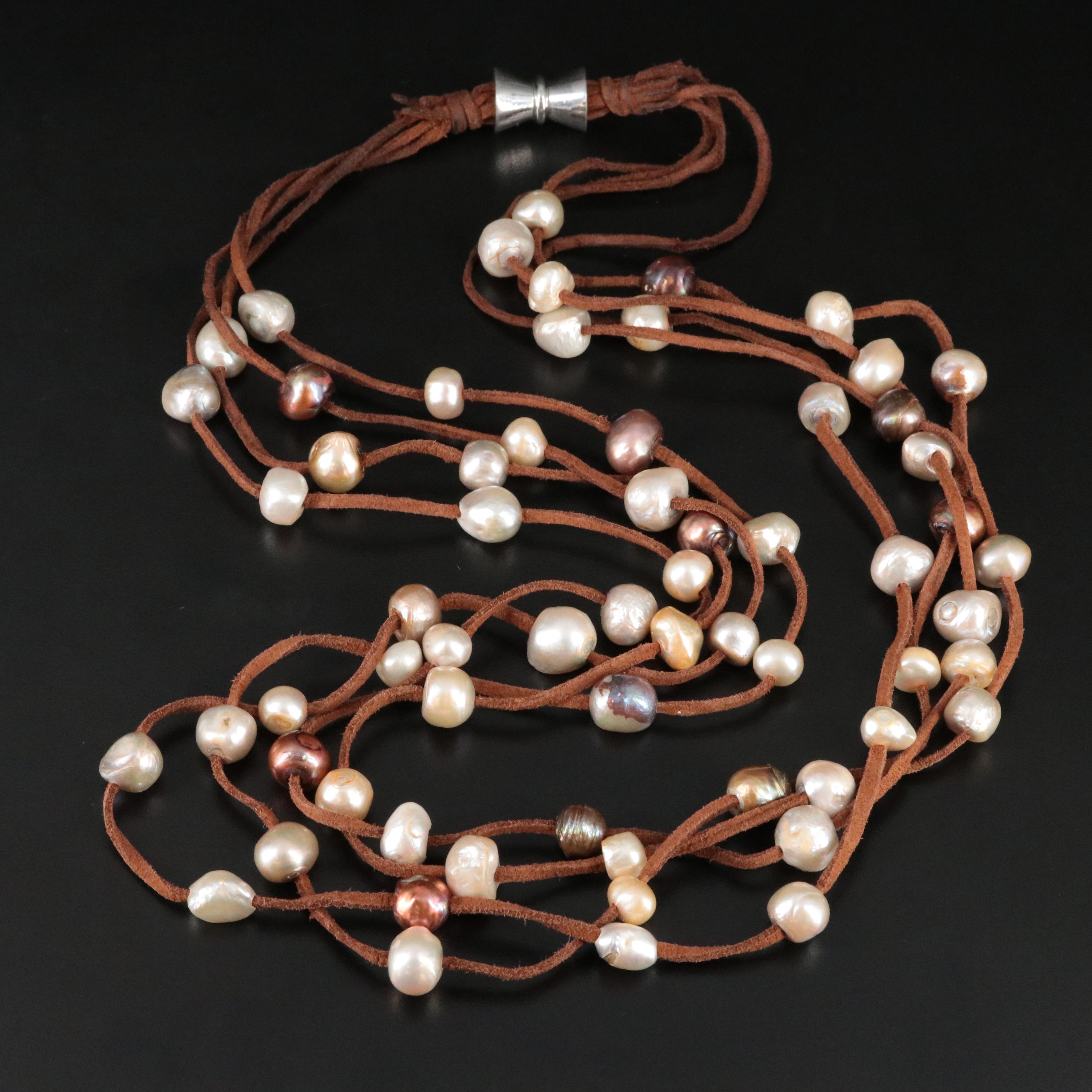 Pearl and Leather Multi Strand  Station Necklace
