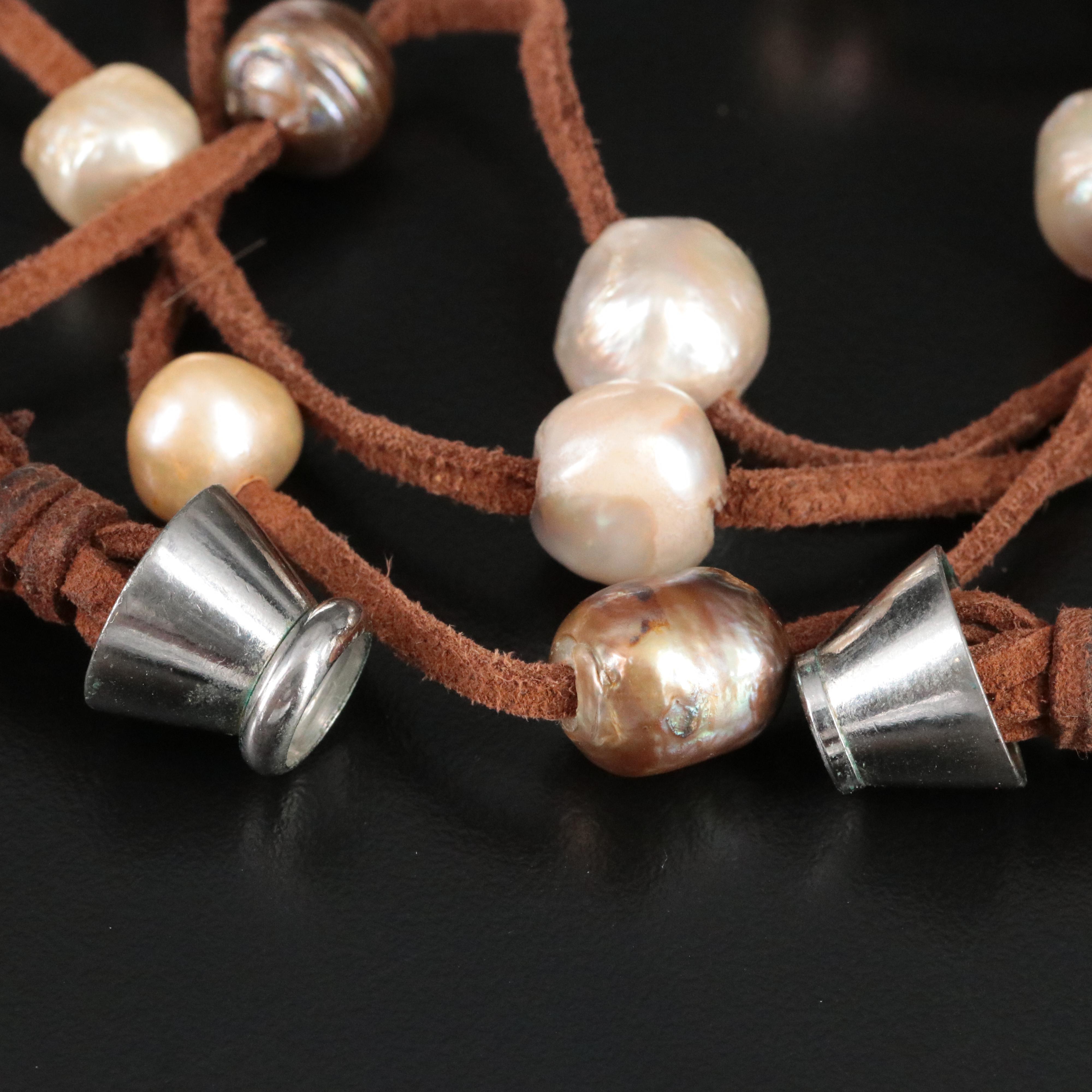 Pearl and Leather Multi Strand  Station Necklace
