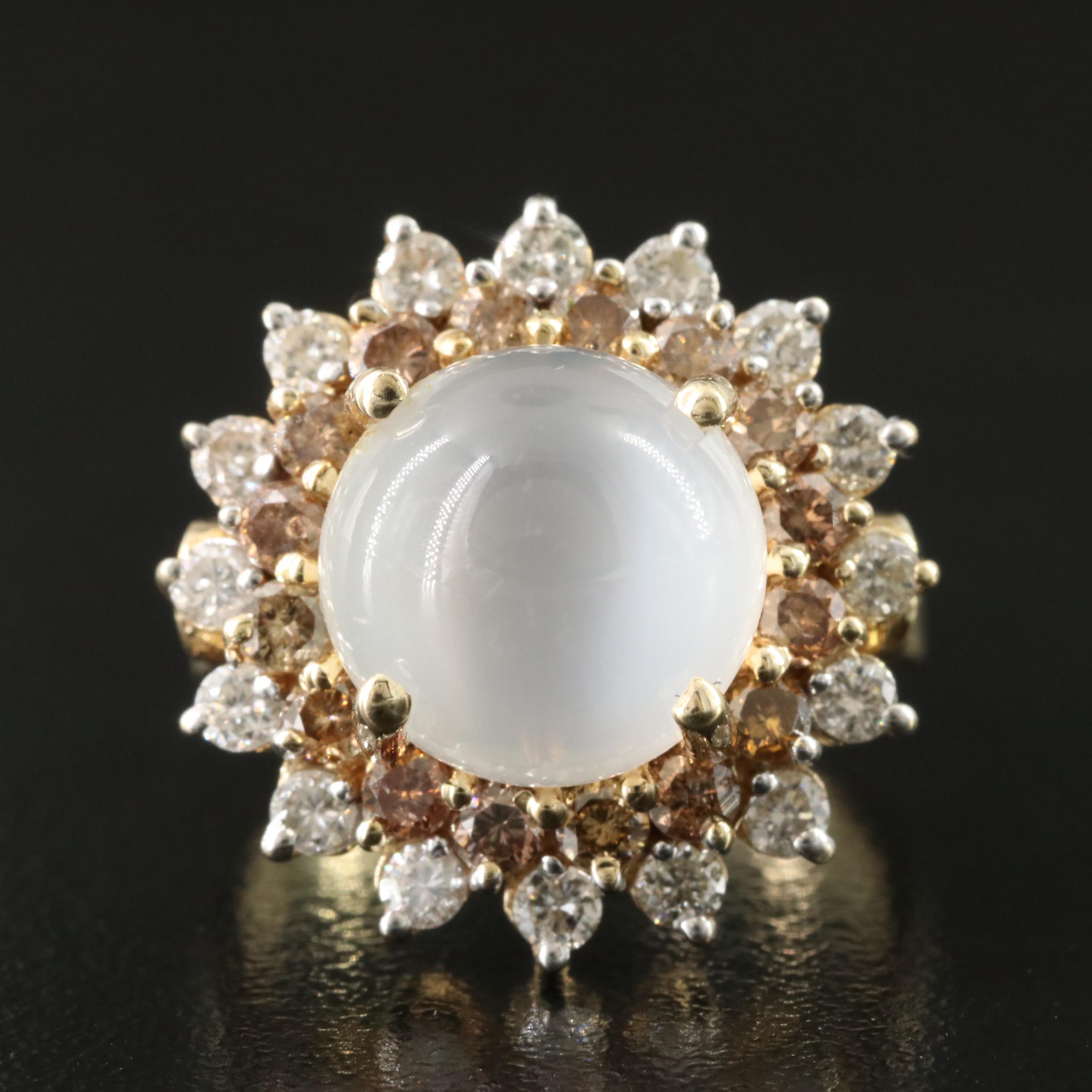 14K Moonstone and 1.01 CTW Diamond Ring with Fancy Diamonds