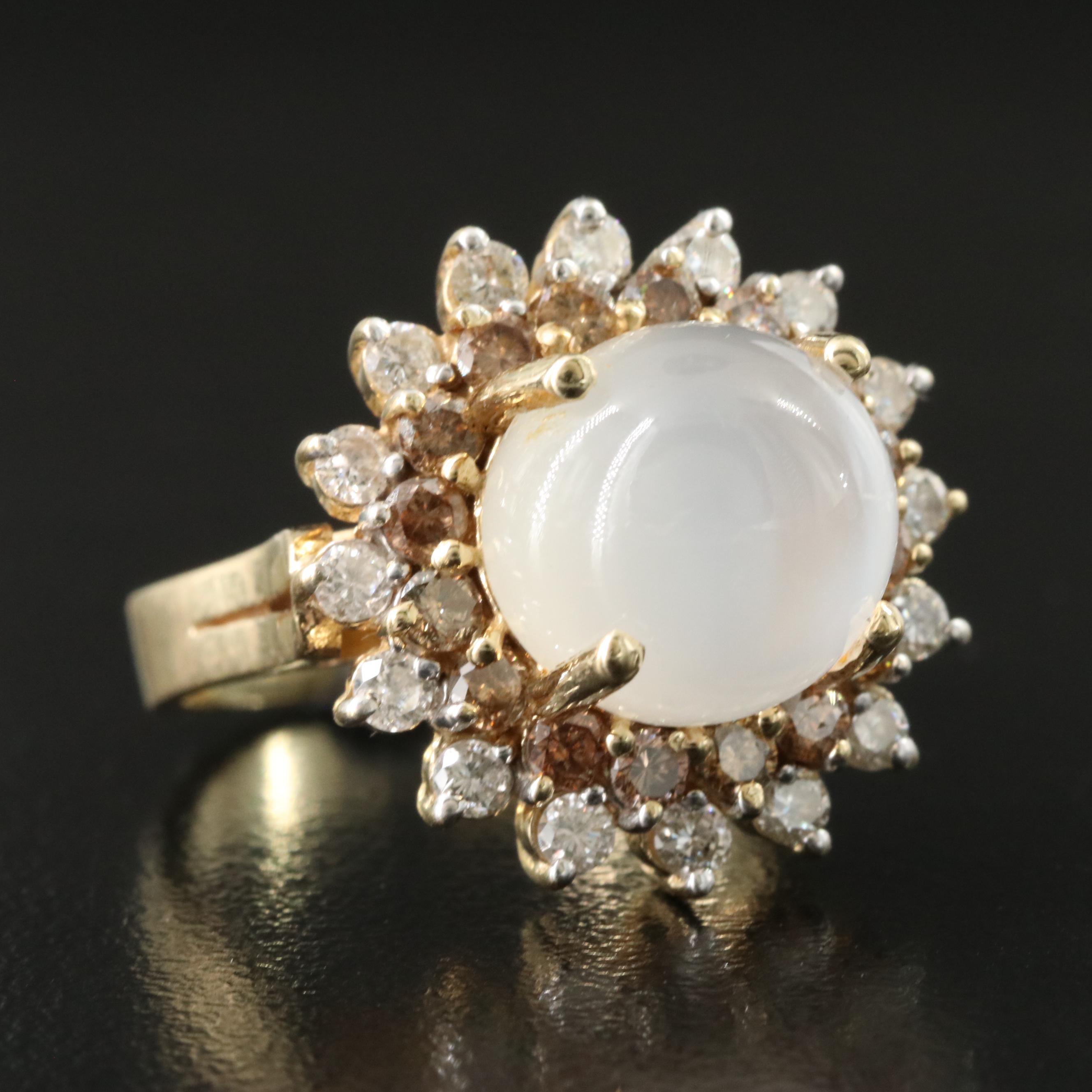 14K Moonstone and 1.01 CTW Diamond Ring with Fancy Diamonds