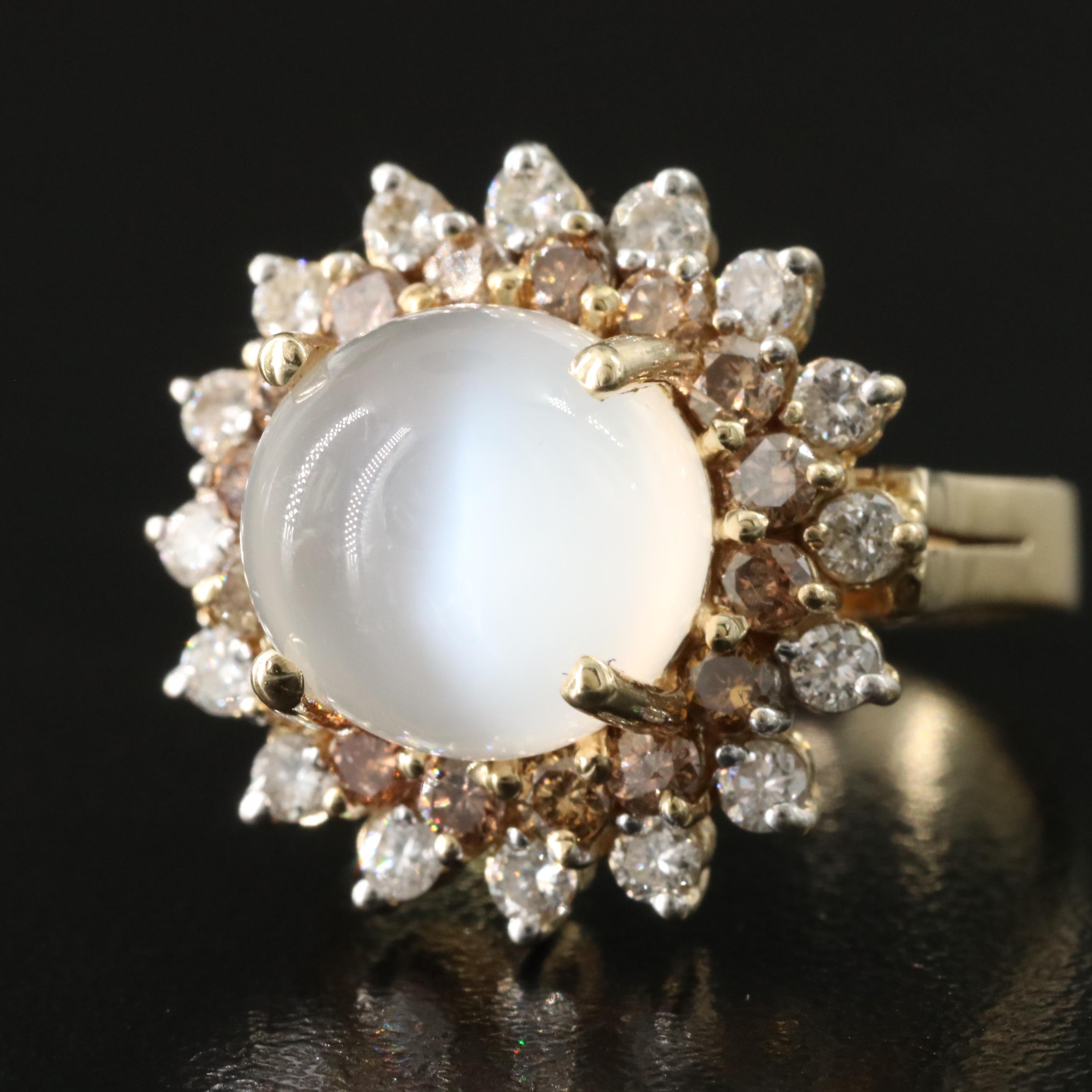 14K Moonstone and 1.01 CTW Diamond Ring with Fancy Diamonds