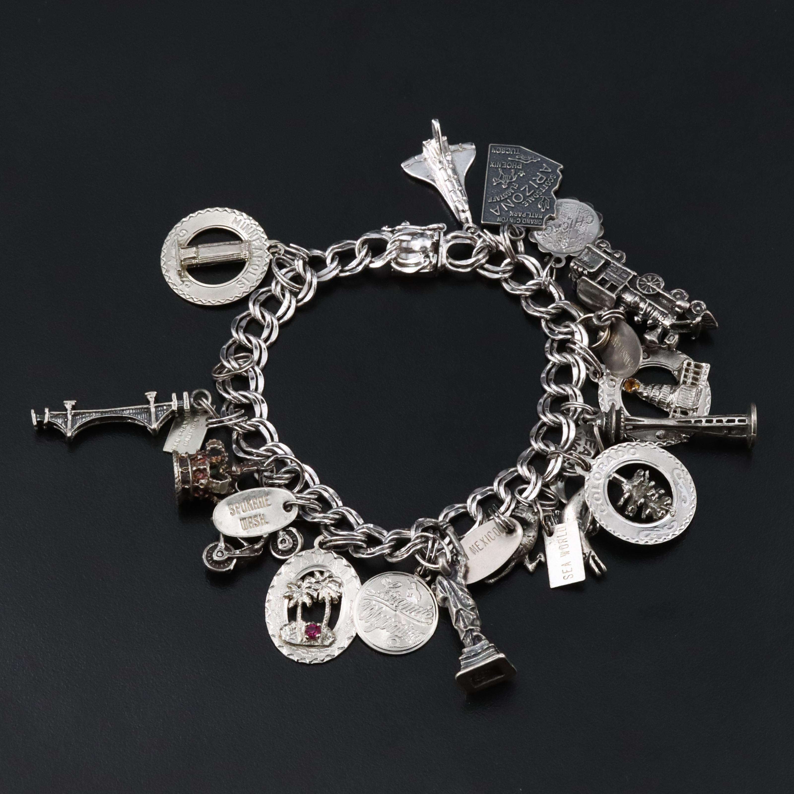 Vintage Sterling Charm Bracelet with Rhinestone Accents