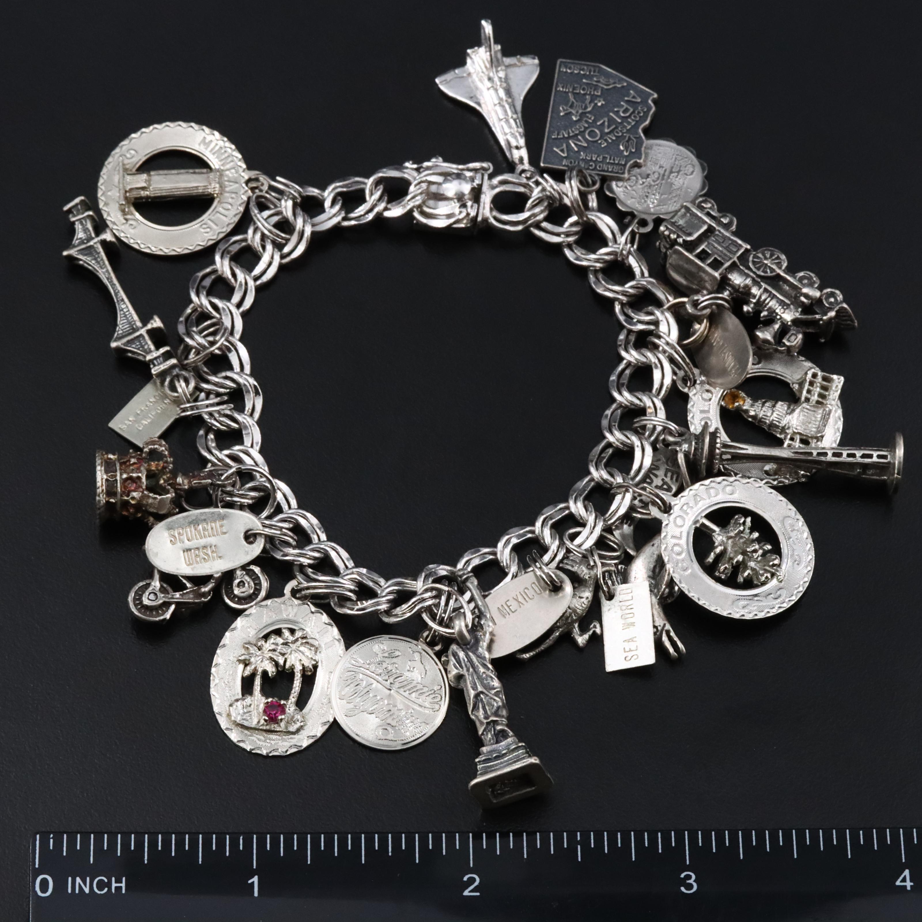 Vintage Sterling Charm Bracelet with Rhinestone Accents