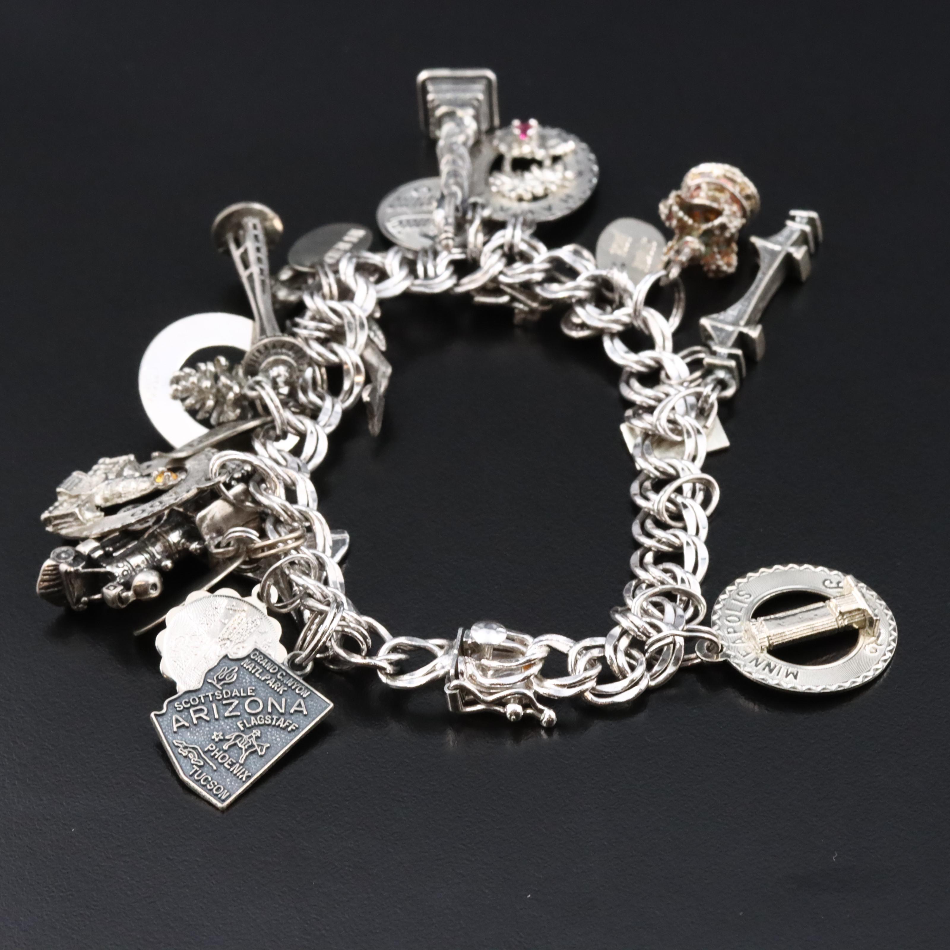 Vintage Sterling Charm Bracelet with Rhinestone Accents