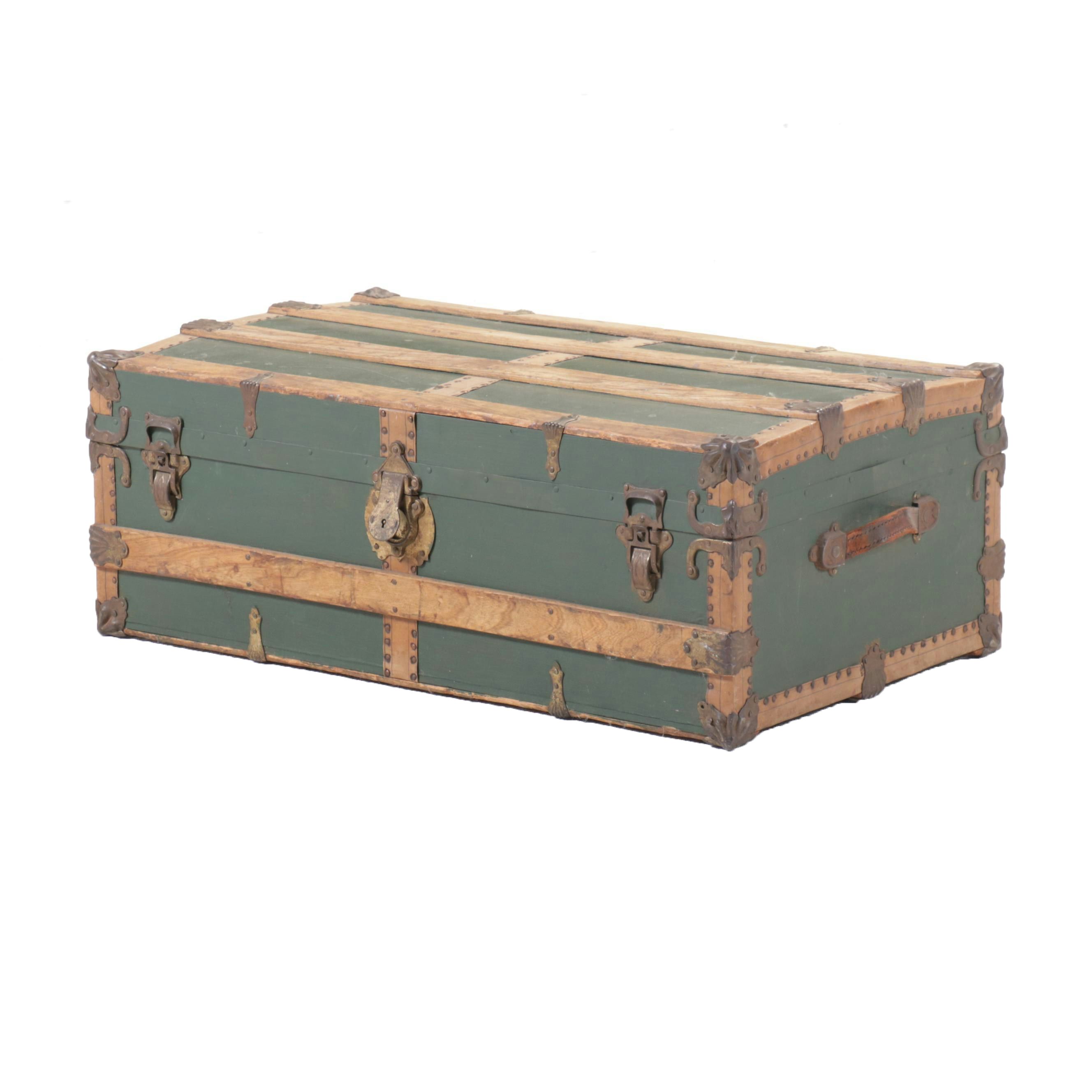 Oak-Bound Green-Painted Wood Steamer Trunk, Early 20th Century