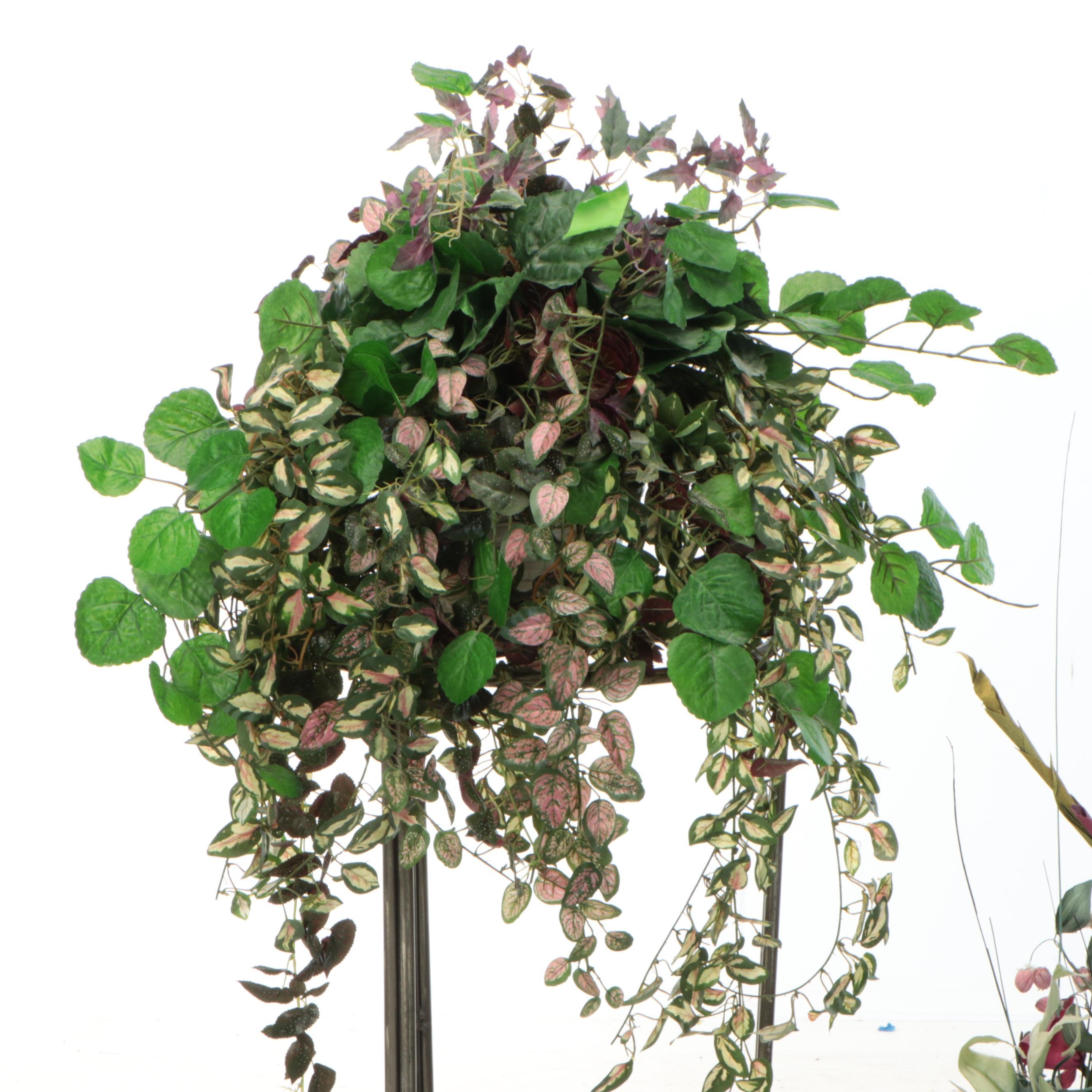 Artificial Hoya and Flowers with Metal Planter Stand and Ceramic Vase