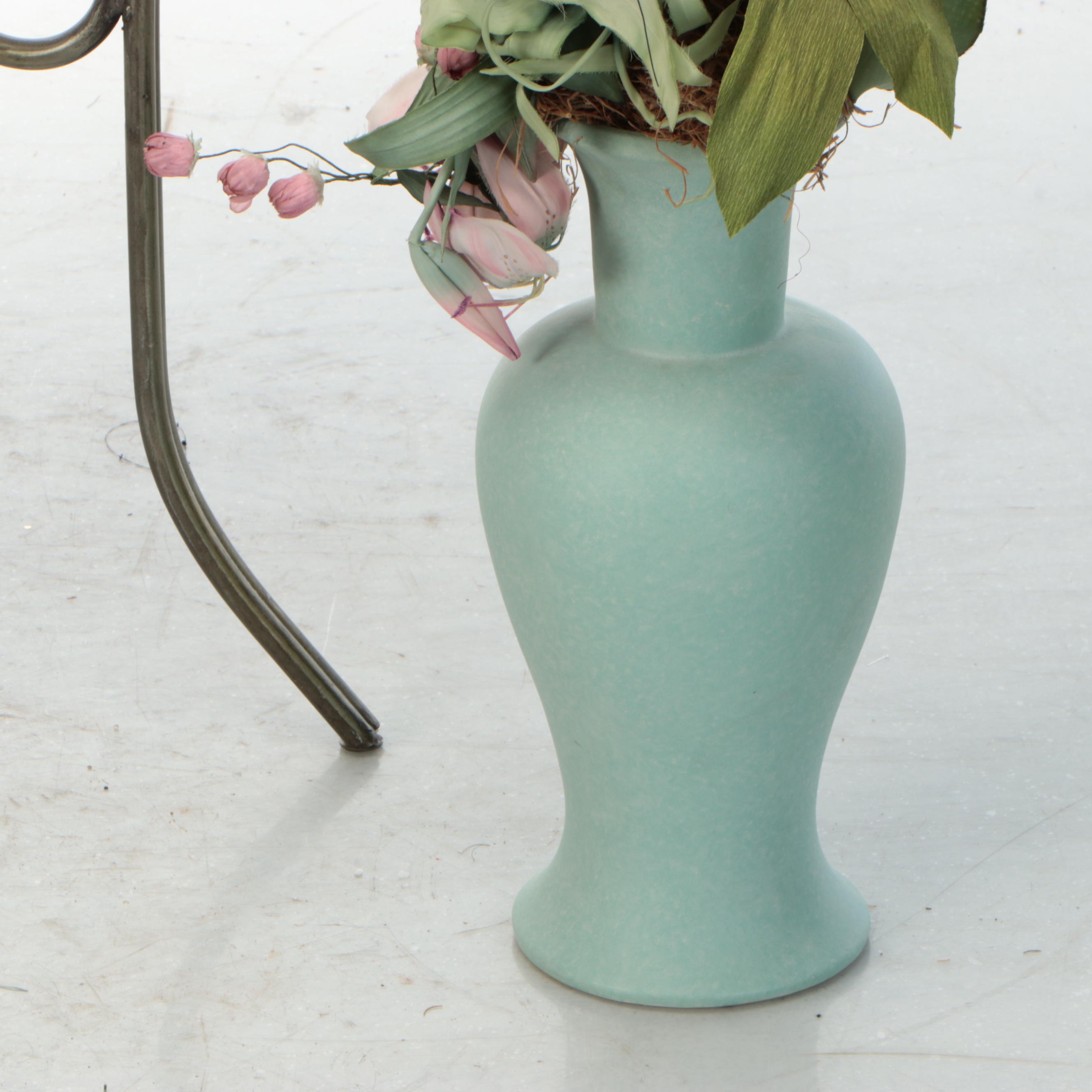 Artificial Hoya and Flowers with Metal Planter Stand and Ceramic Vase