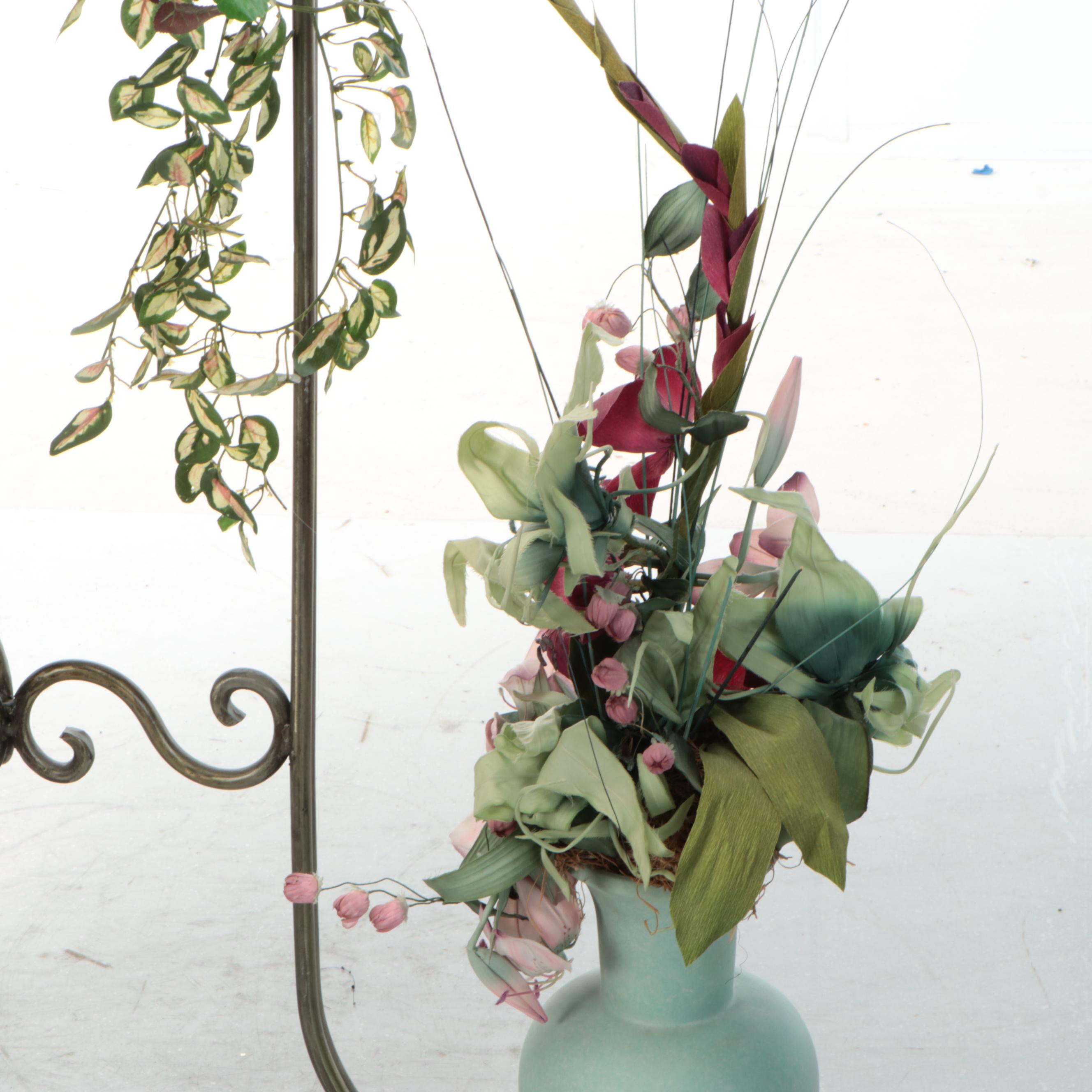 Artificial Hoya and Flowers with Metal Planter Stand and Ceramic Vase