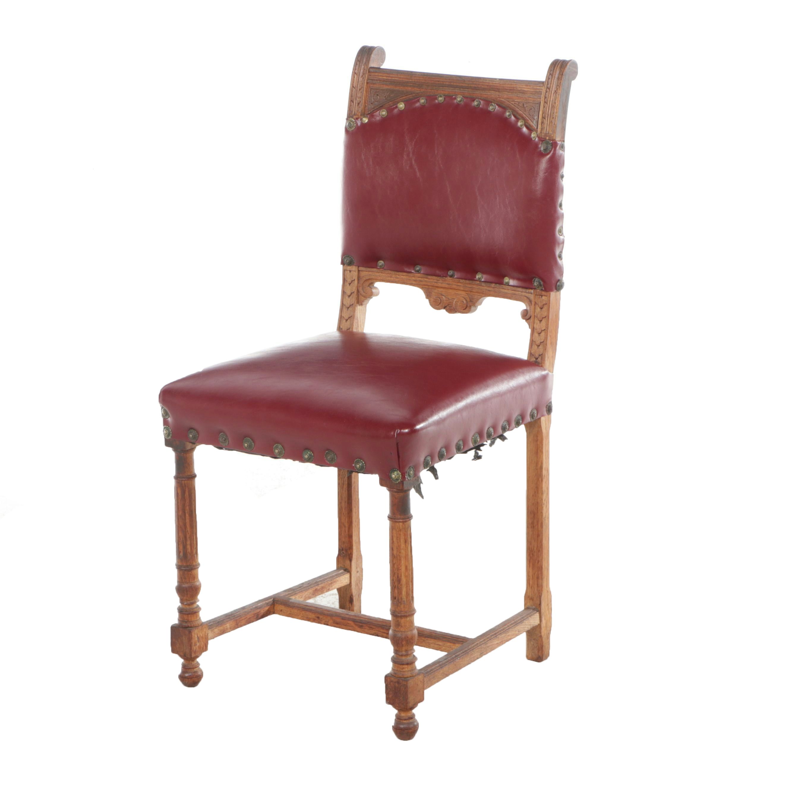 Renaissance Revival Style Faux Leather and Carved Oak Side Chair