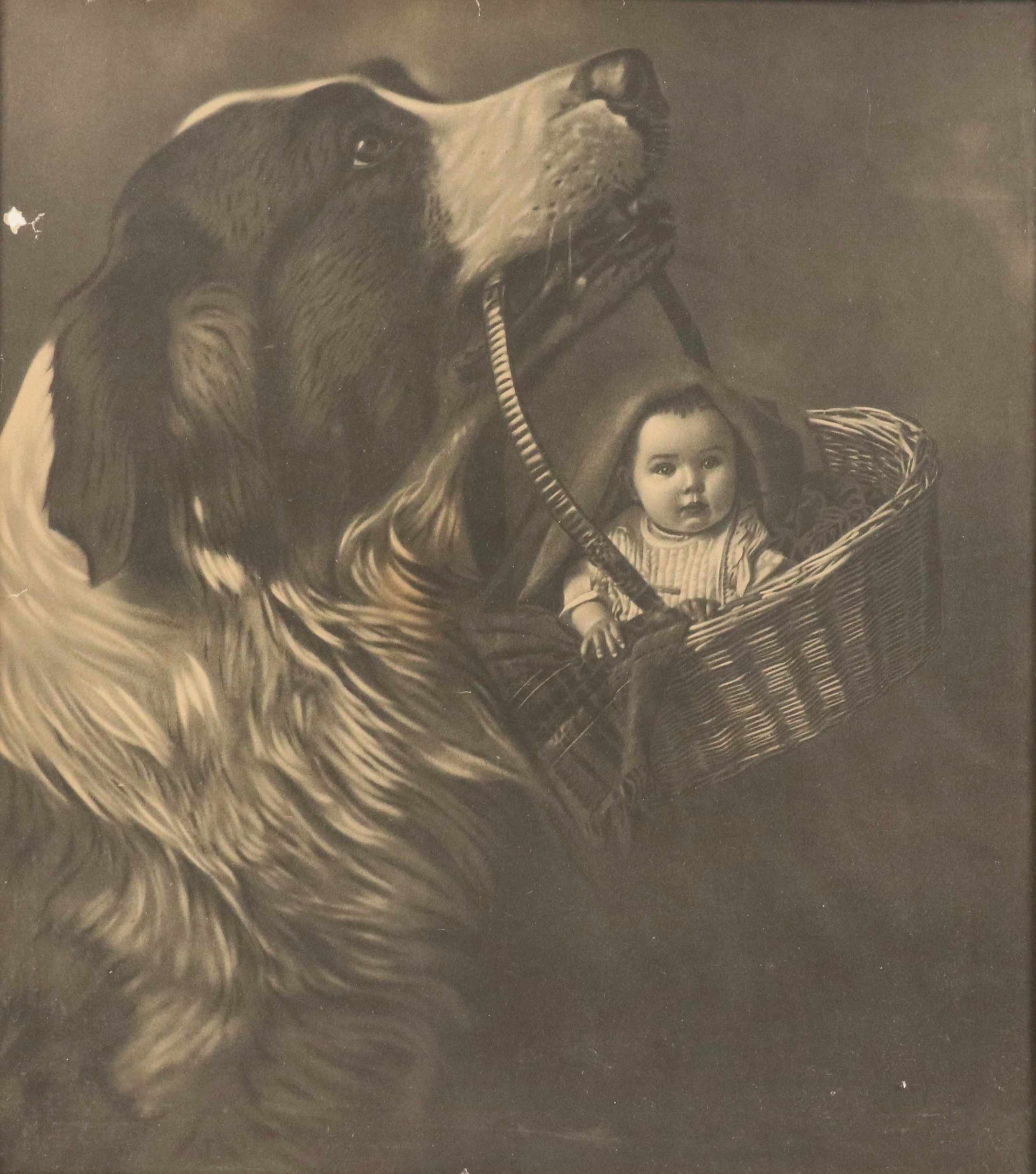 Halftone of Dog Carrying Baby in Basket, 20th Century