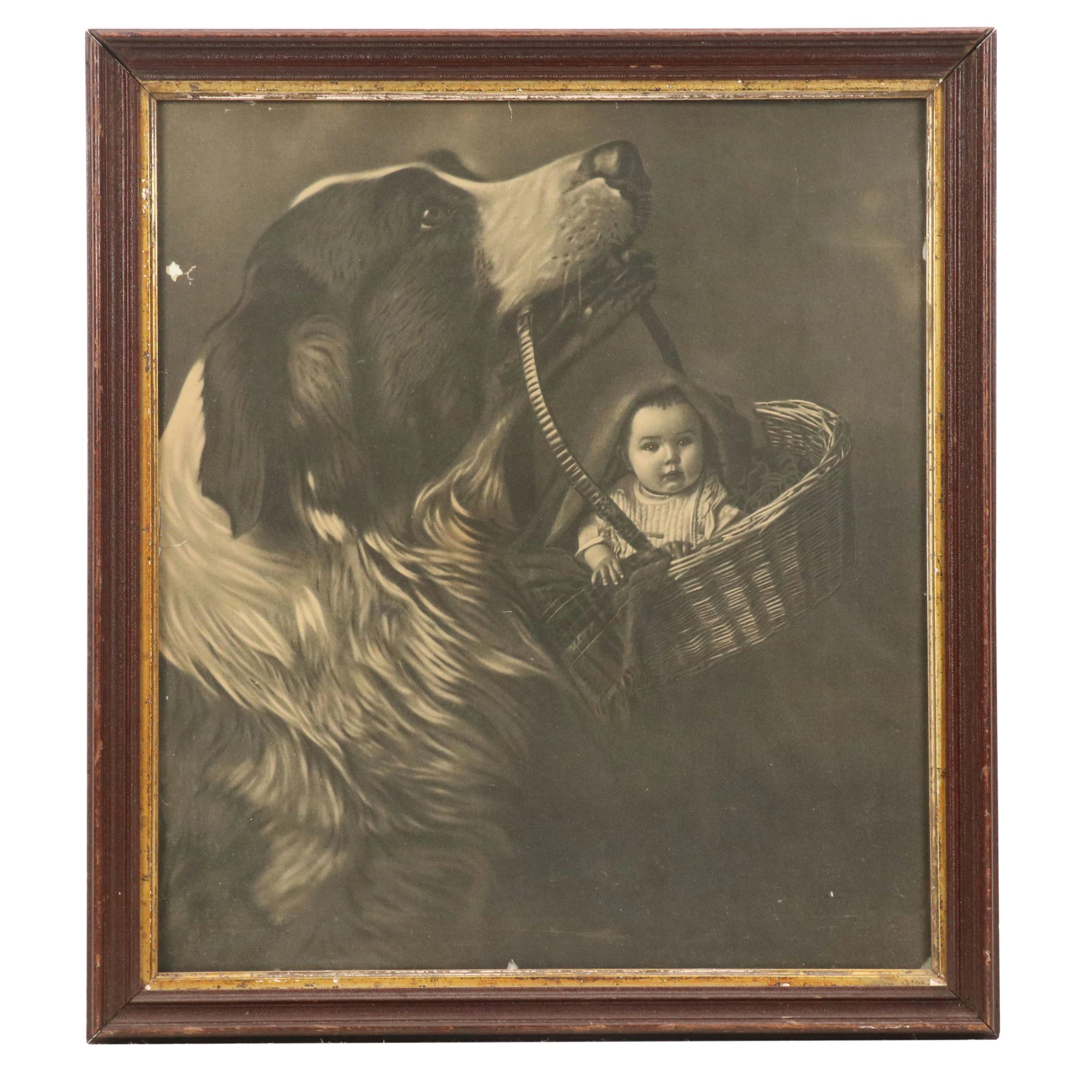 Halftone of Dog Carrying Baby in Basket, 20th Century
