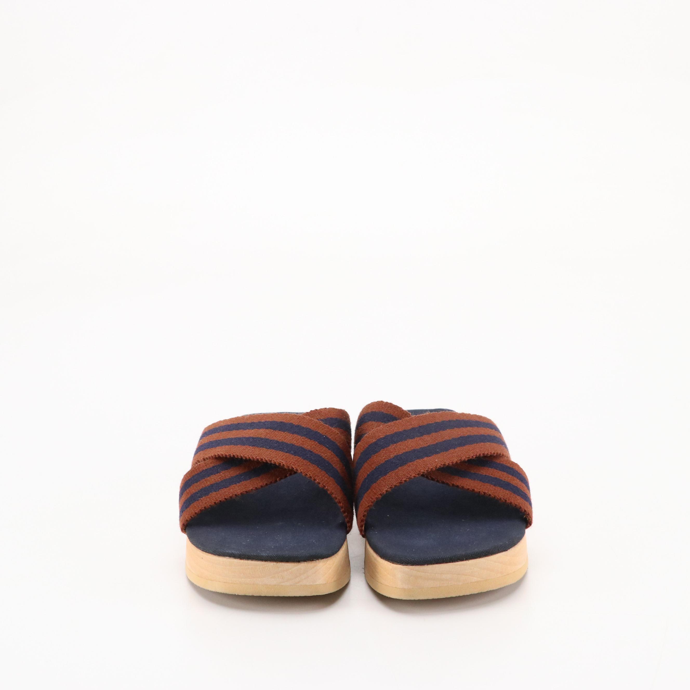 Hermès Wooden Heel Sandals in Brown and Navy Striped Cotton Canvas, With Box