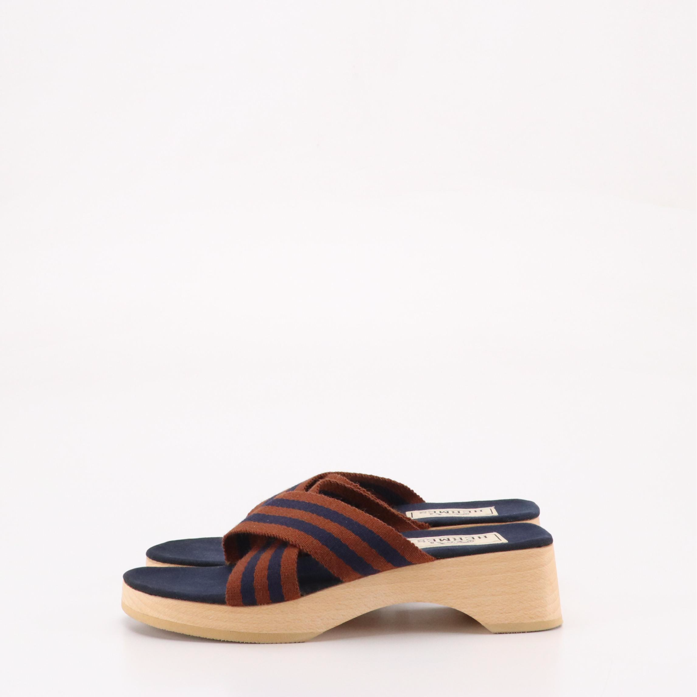 Hermès Wooden Heel Sandals in Brown and Navy Striped Cotton Canvas, With Box