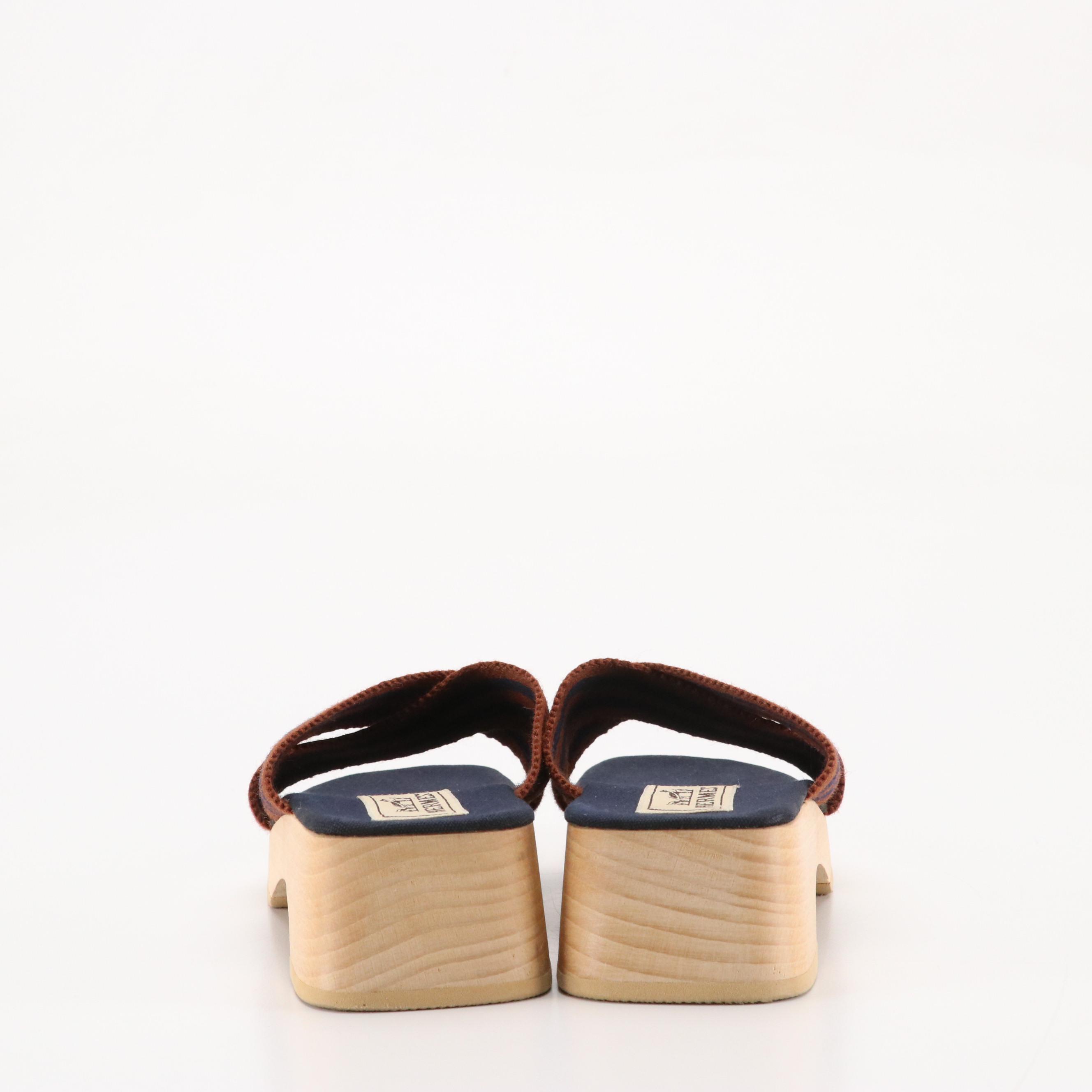 Hermès Wooden Heel Sandals in Brown and Navy Striped Cotton Canvas, With Box