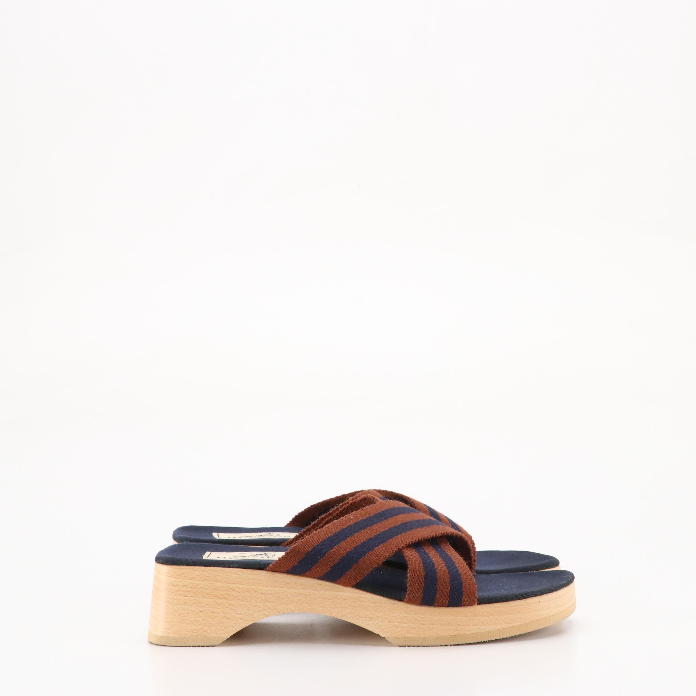 Hermès Wooden Heel Sandals in Brown and Navy Striped Cotton Canvas, With Box