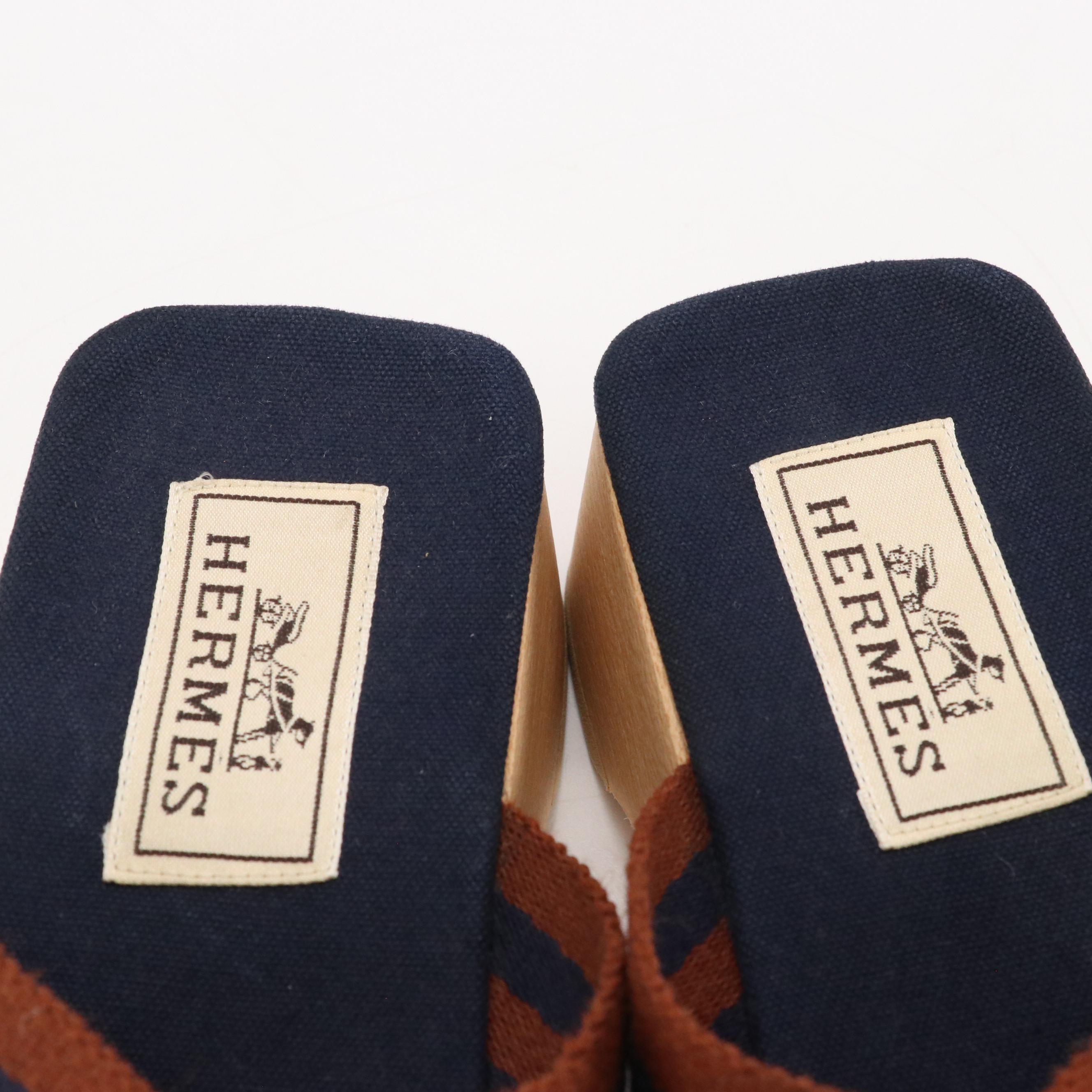 Hermès Wooden Heel Sandals in Brown and Navy Striped Cotton Canvas, With Box