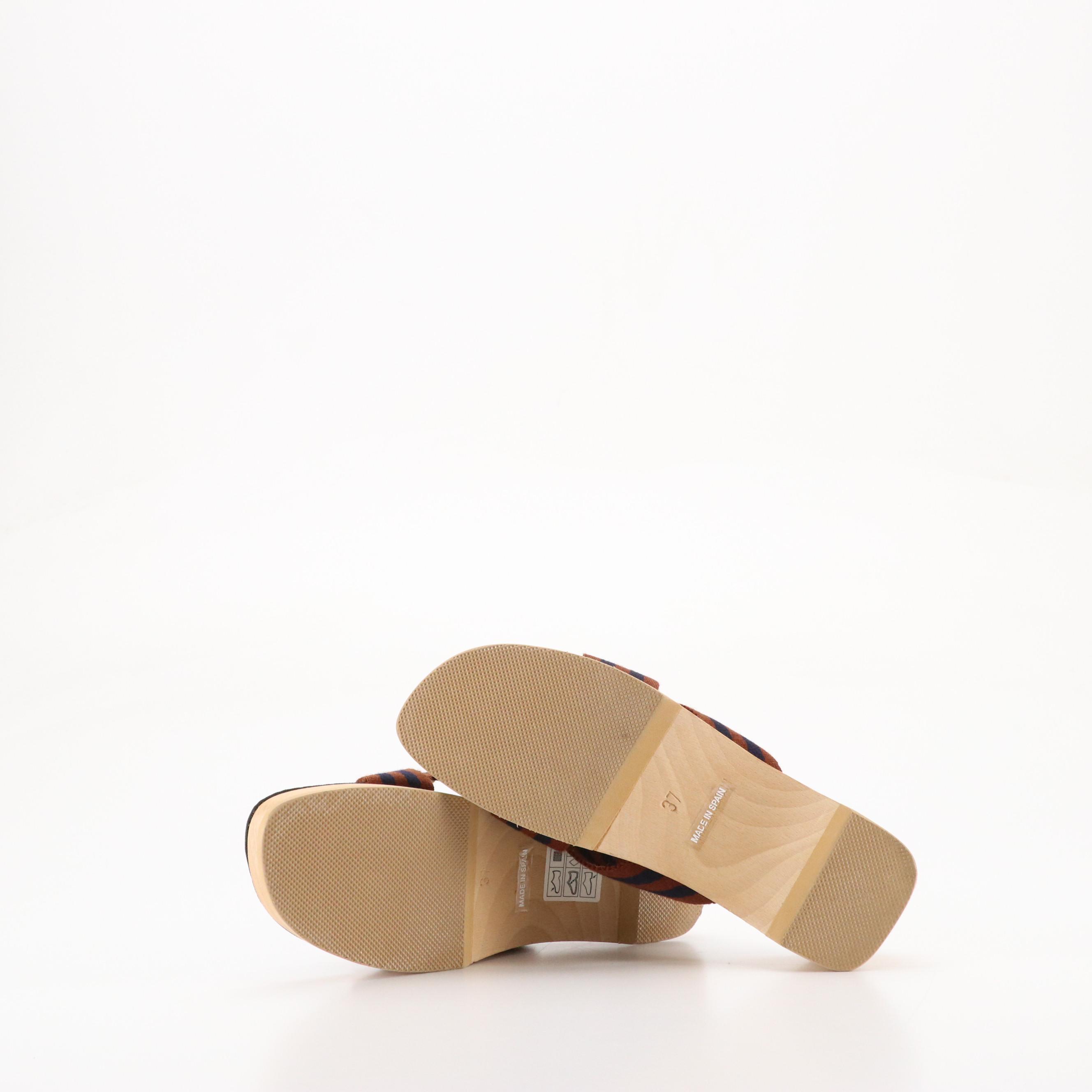 Hermès Wooden Heel Sandals in Brown and Navy Striped Cotton Canvas, With Box