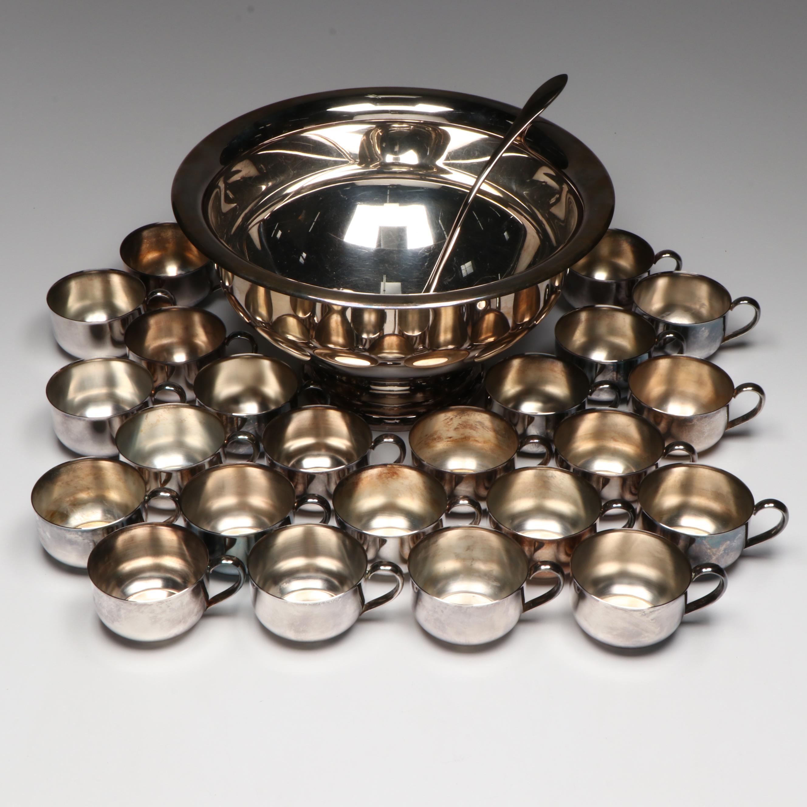 Oneida Silver Plate Paul Revere Style Punch Bowl and Cups