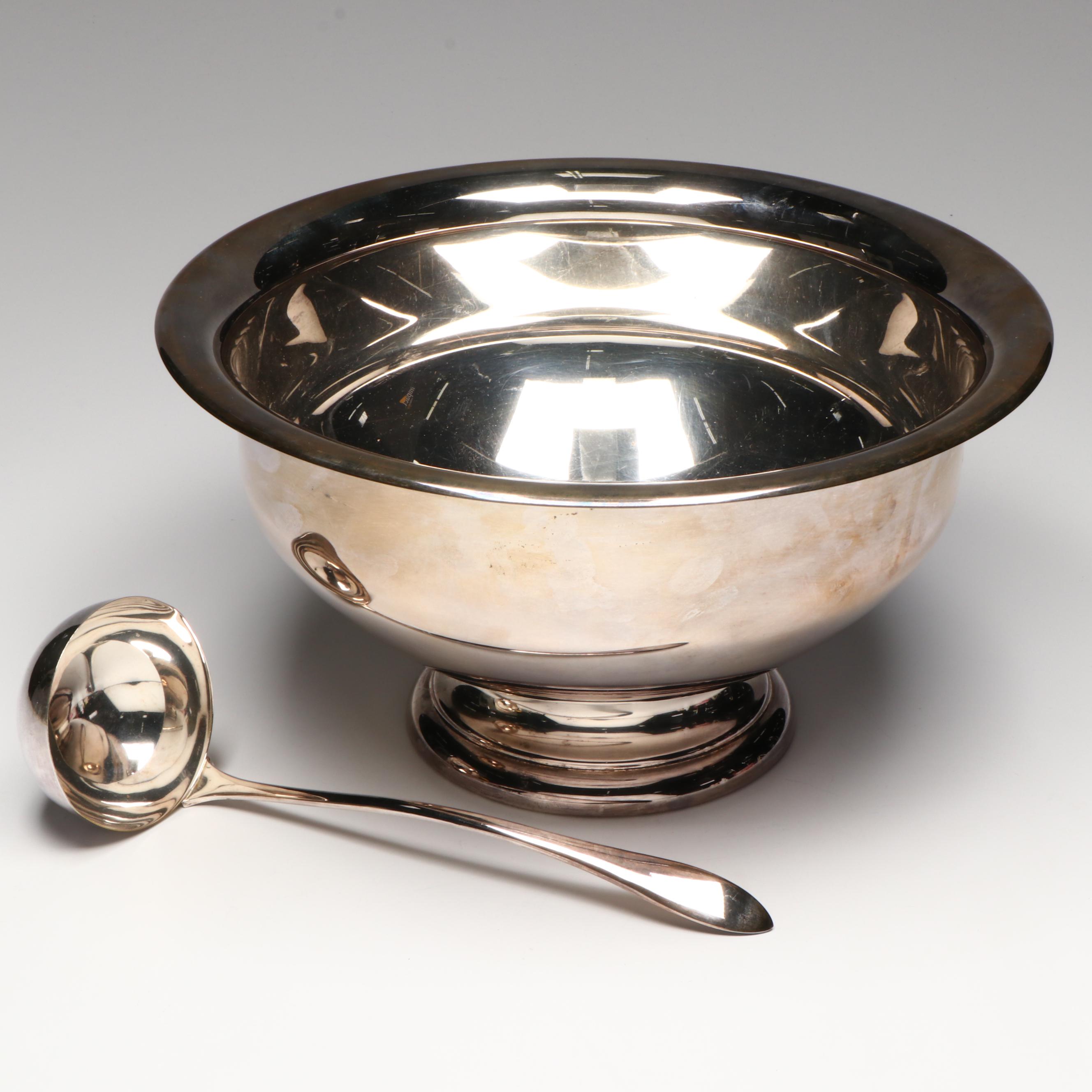 Oneida Silver Plate Paul Revere Style Punch Bowl and Cups