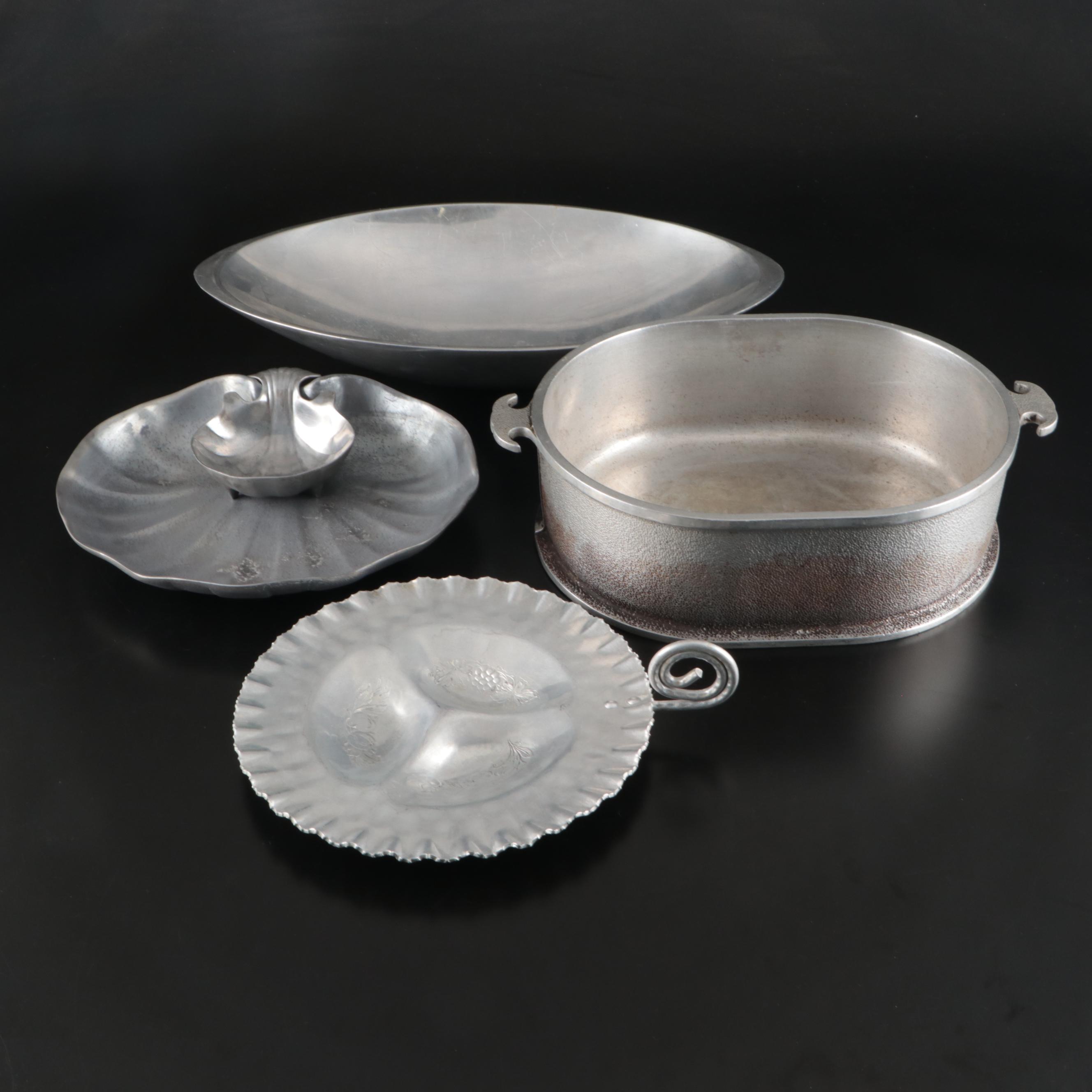 Nambe Bowl with Other Pewter and Metal Serving Pieces, 20th Century