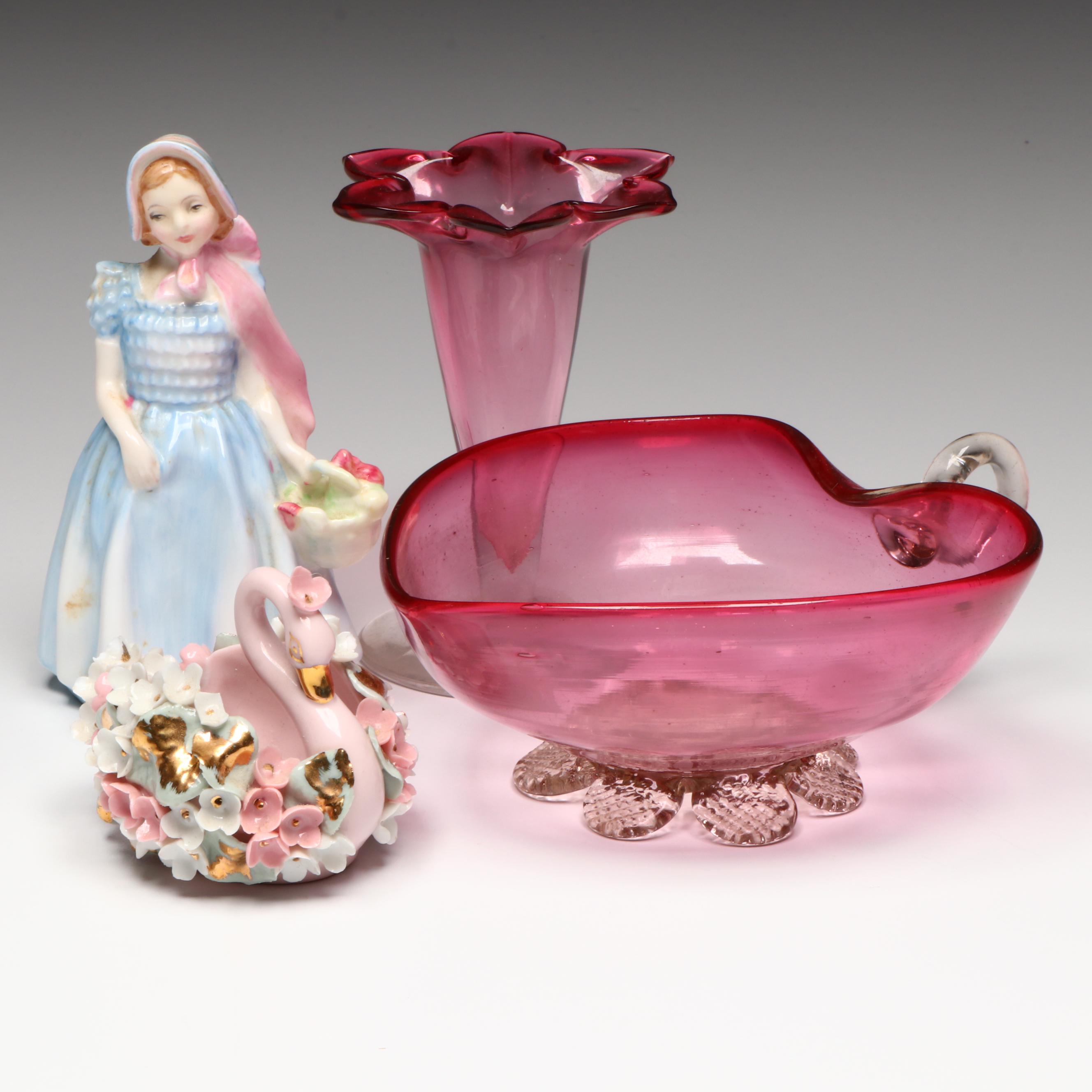 Royal Doulton "Wendy" Figurine with Lefton Swan Dish and Glass Tableware