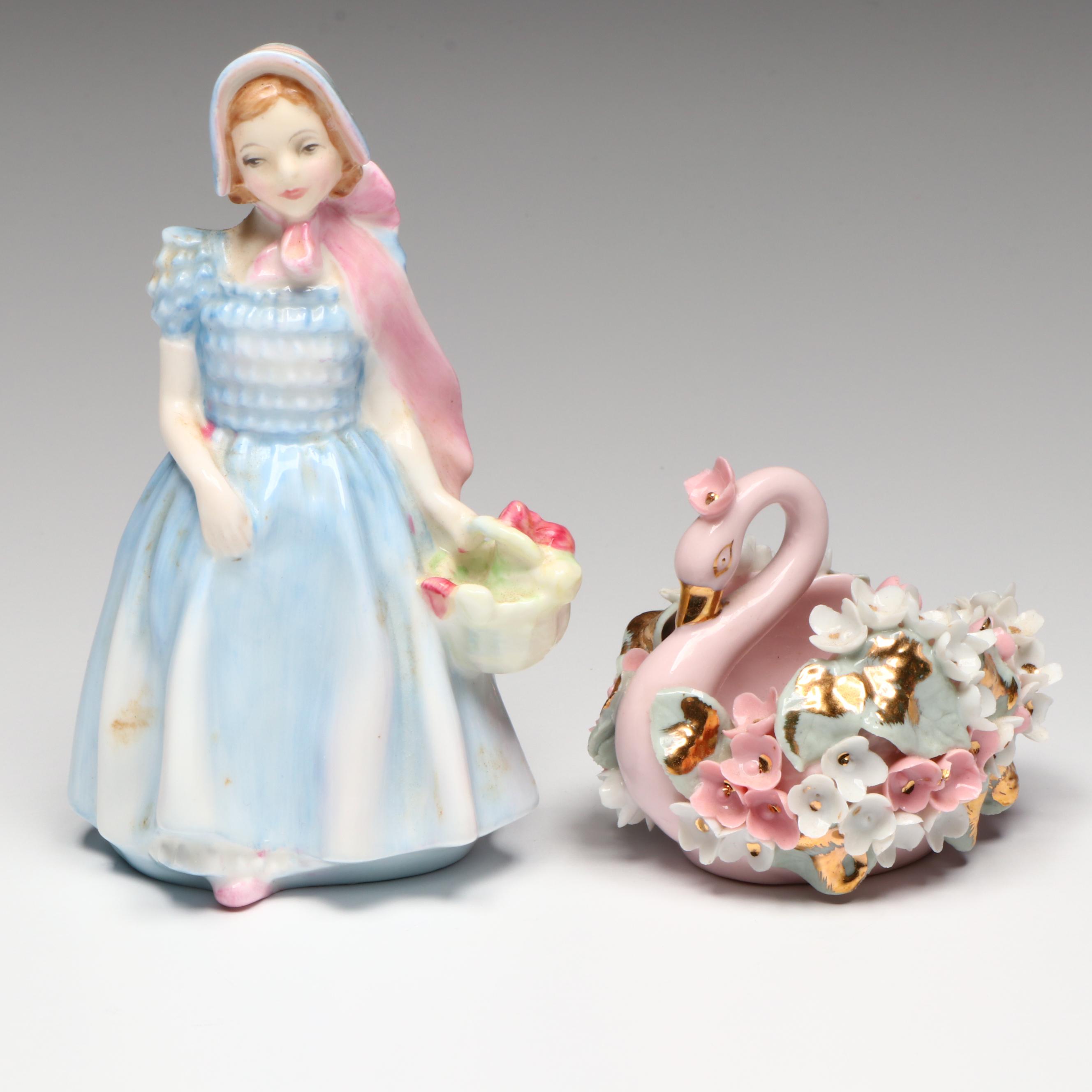 Royal Doulton "Wendy" Figurine with Lefton Swan Dish and Glass Tableware