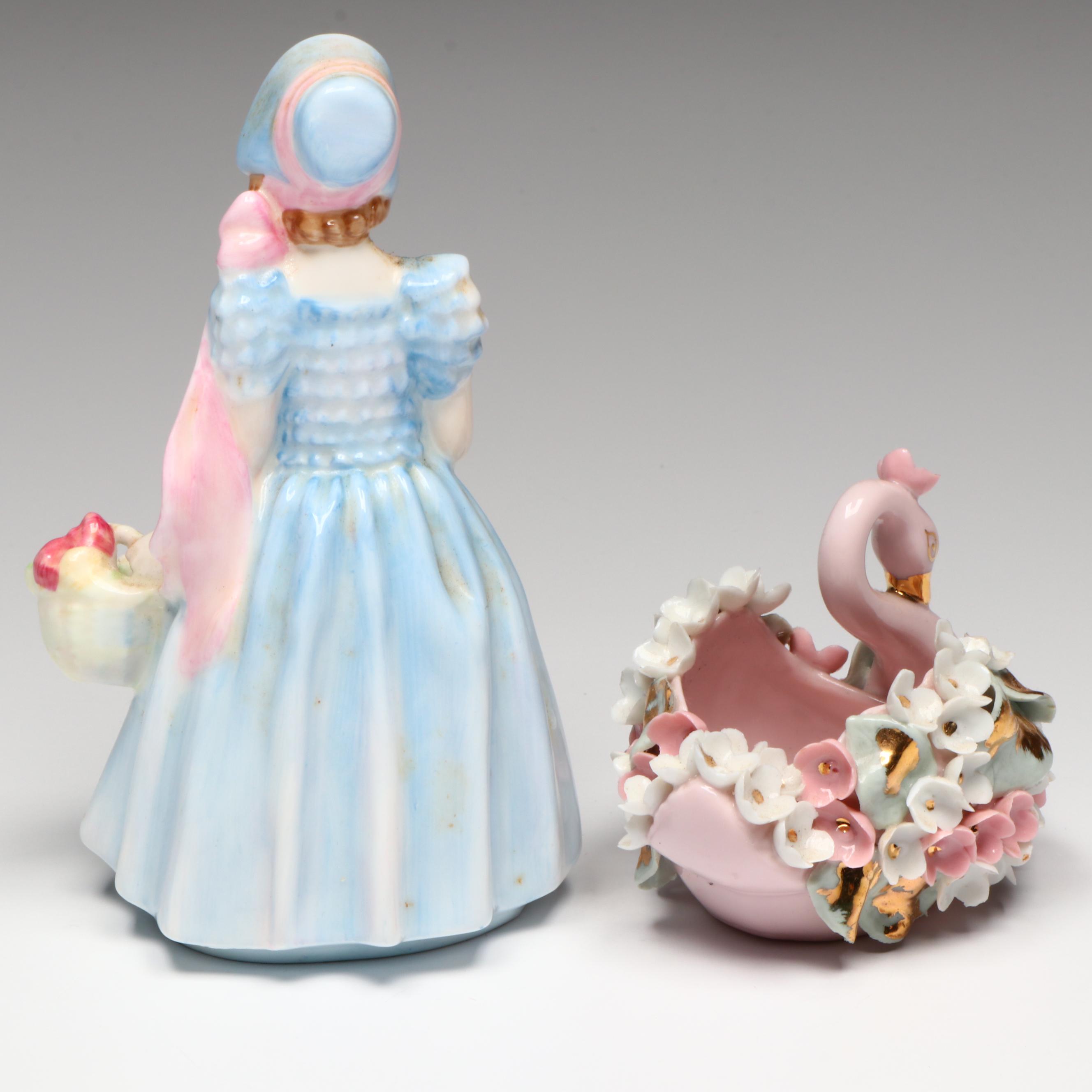 Royal Doulton "Wendy" Figurine with Lefton Swan Dish and Glass Tableware