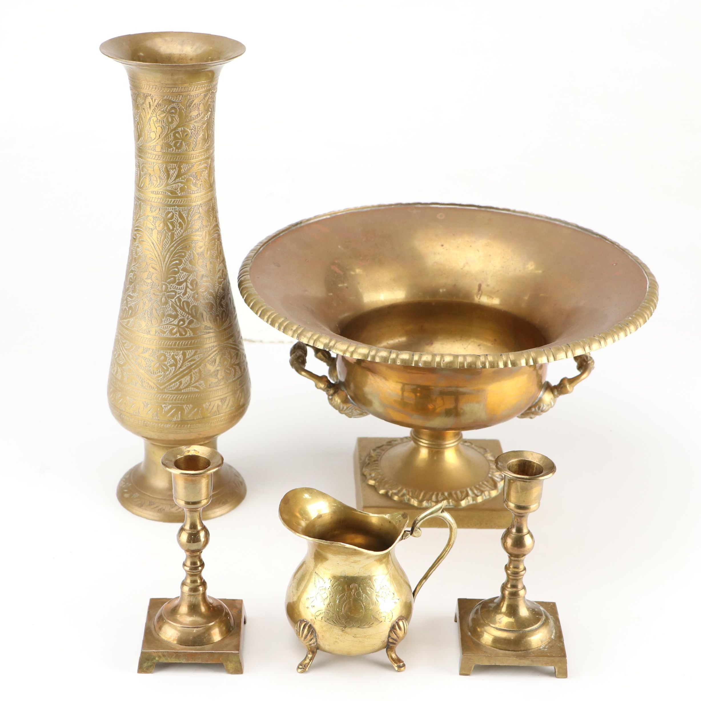 Indian Etched Brass Vase with Other Urn and Candlesticks and Creamer