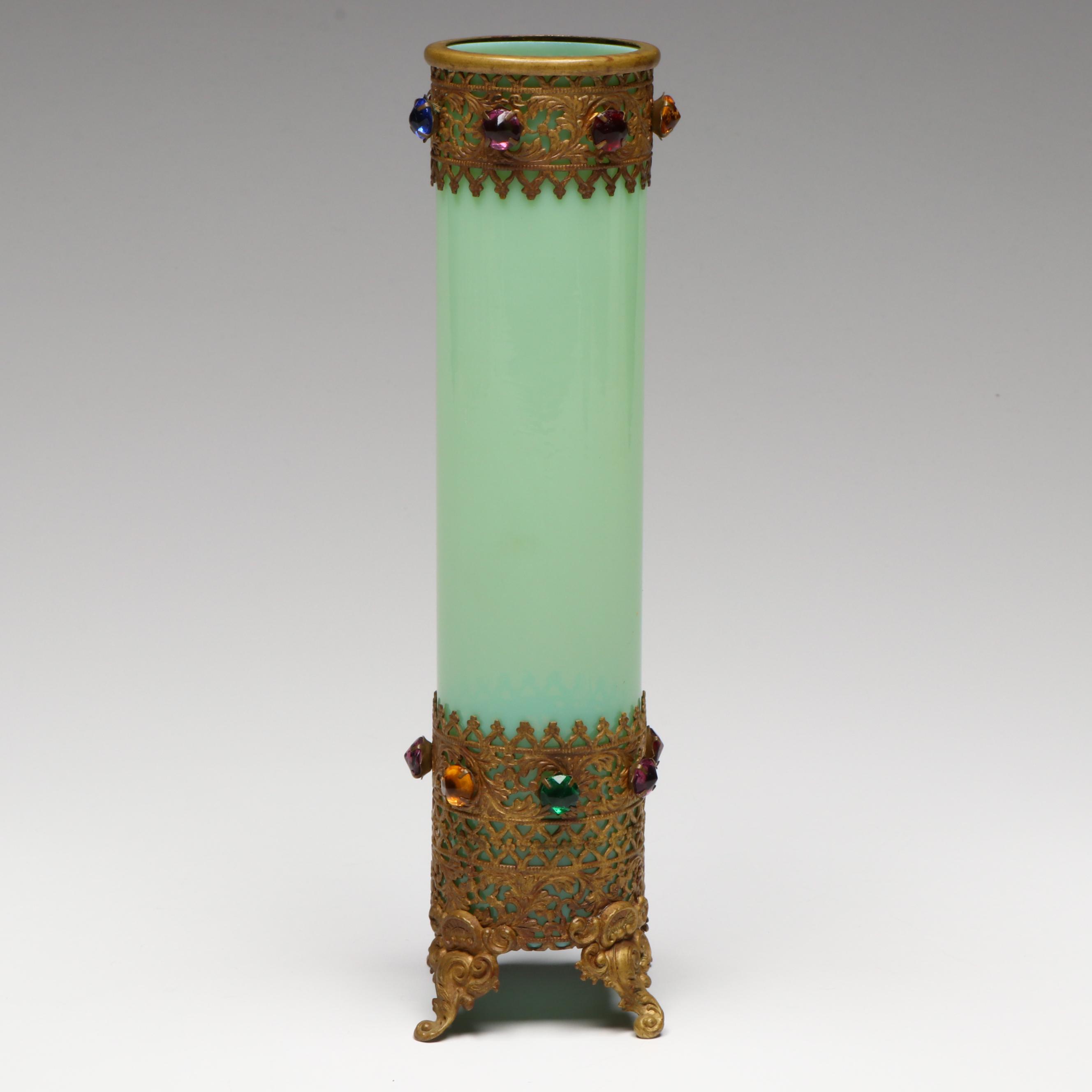 Continental Green Opaline Glass Vase & Gilt Metal Filigree, Jeweled Bead Accents