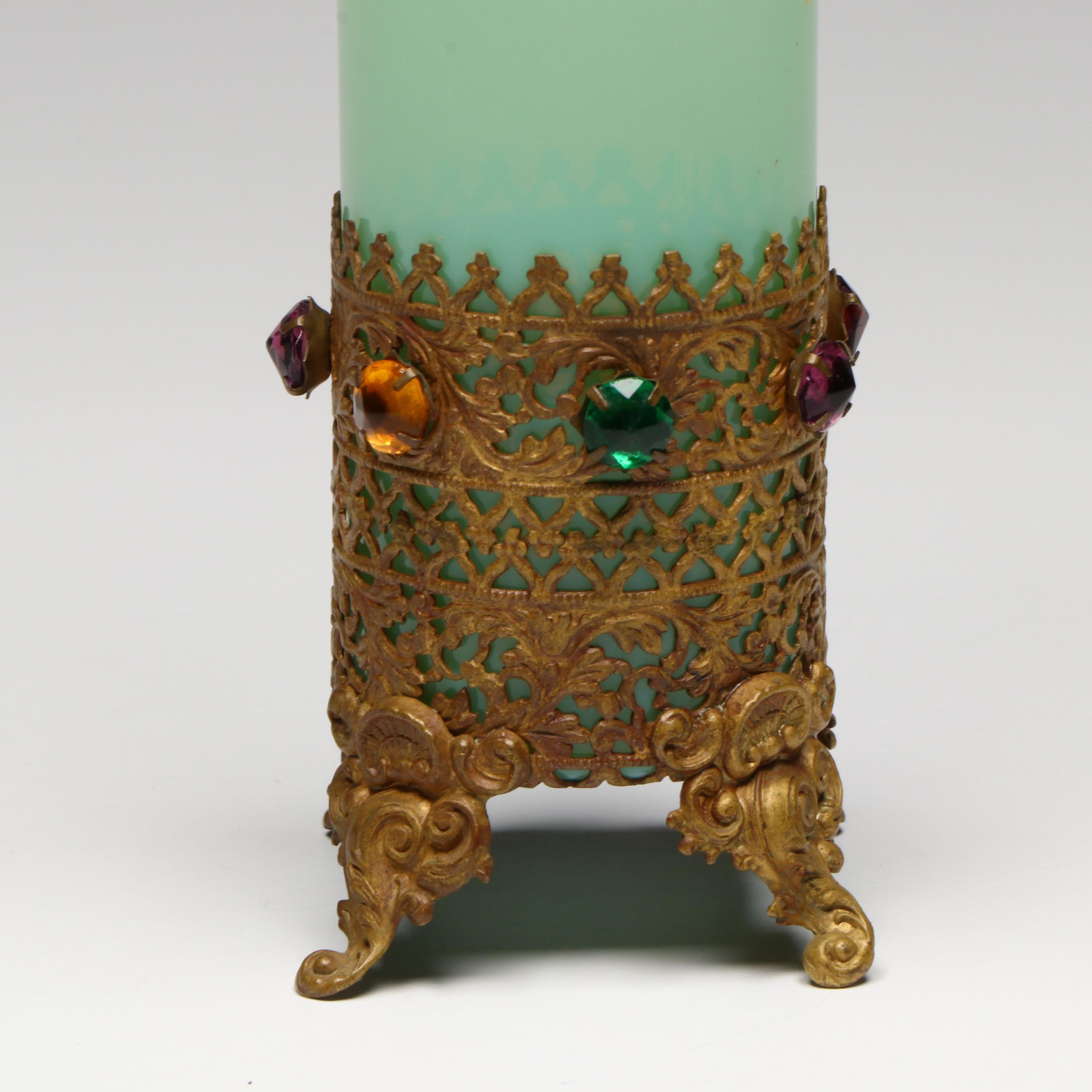 Continental Green Opaline Glass Vase & Gilt Metal Filigree, Jeweled Bead Accents