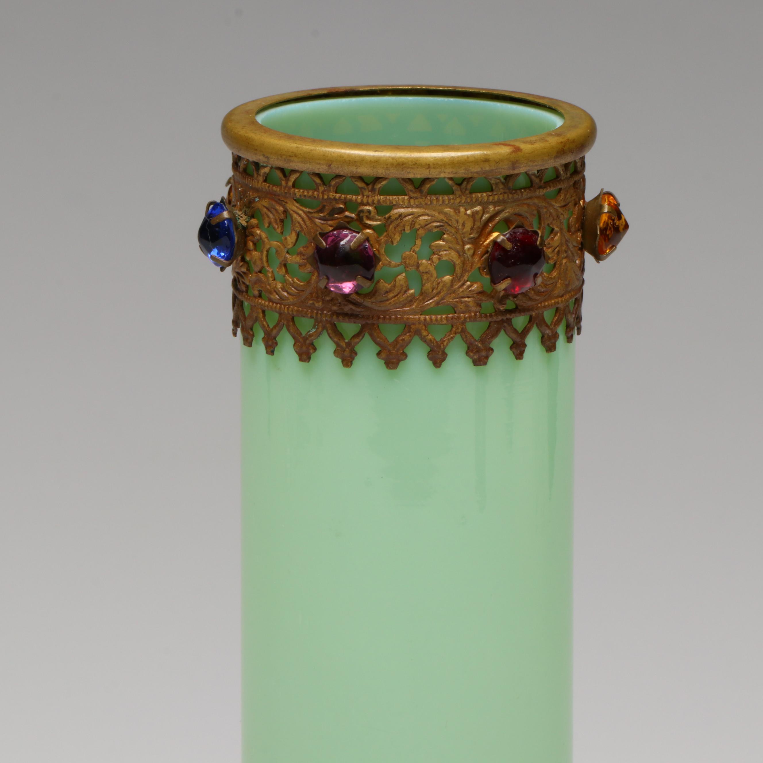 Continental Green Opaline Glass Vase & Gilt Metal Filigree, Jeweled Bead Accents