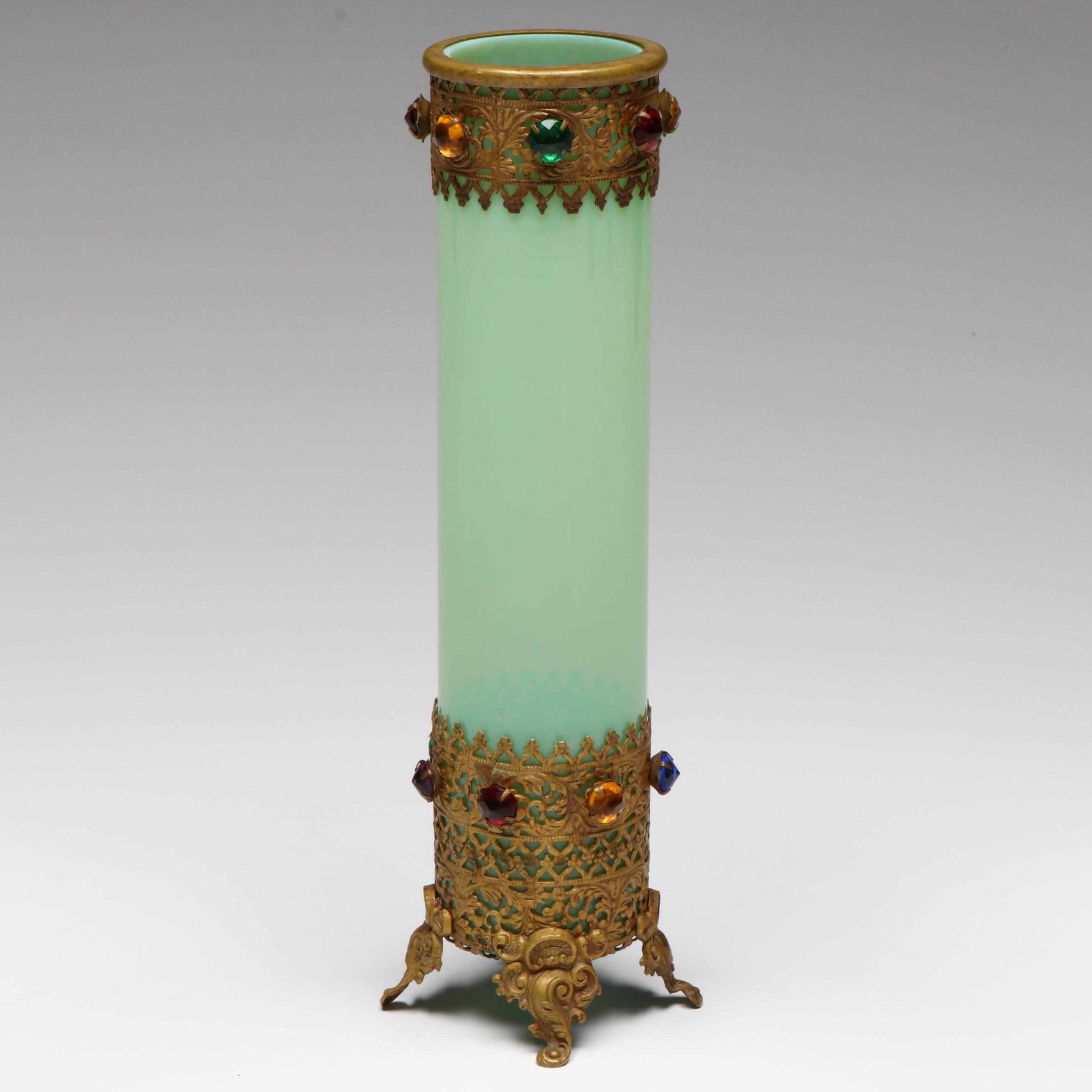 Continental Green Opaline Glass Vase & Gilt Metal Filigree, Jeweled Bead Accents