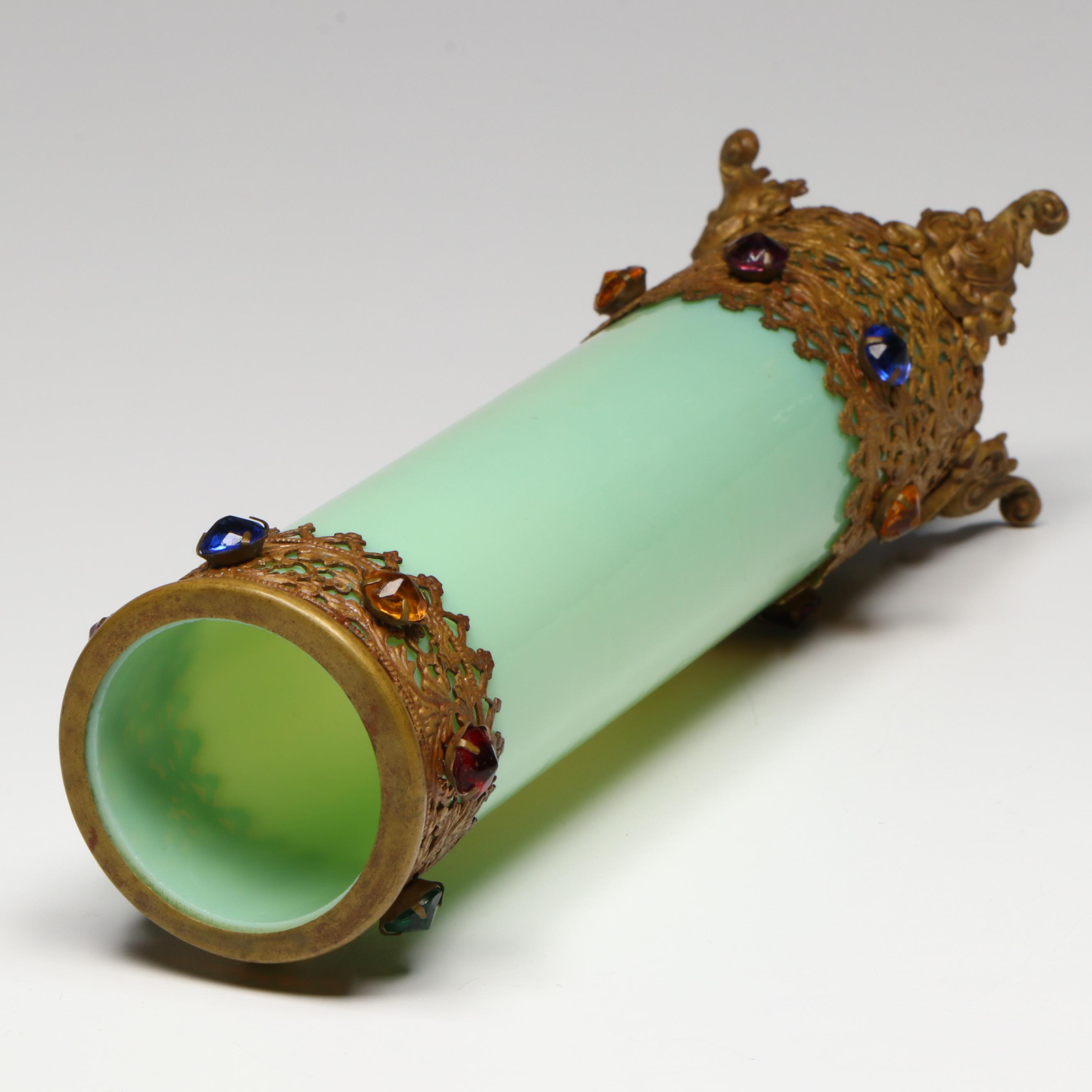 Continental Green Opaline Glass Vase & Gilt Metal Filigree, Jeweled Bead Accents