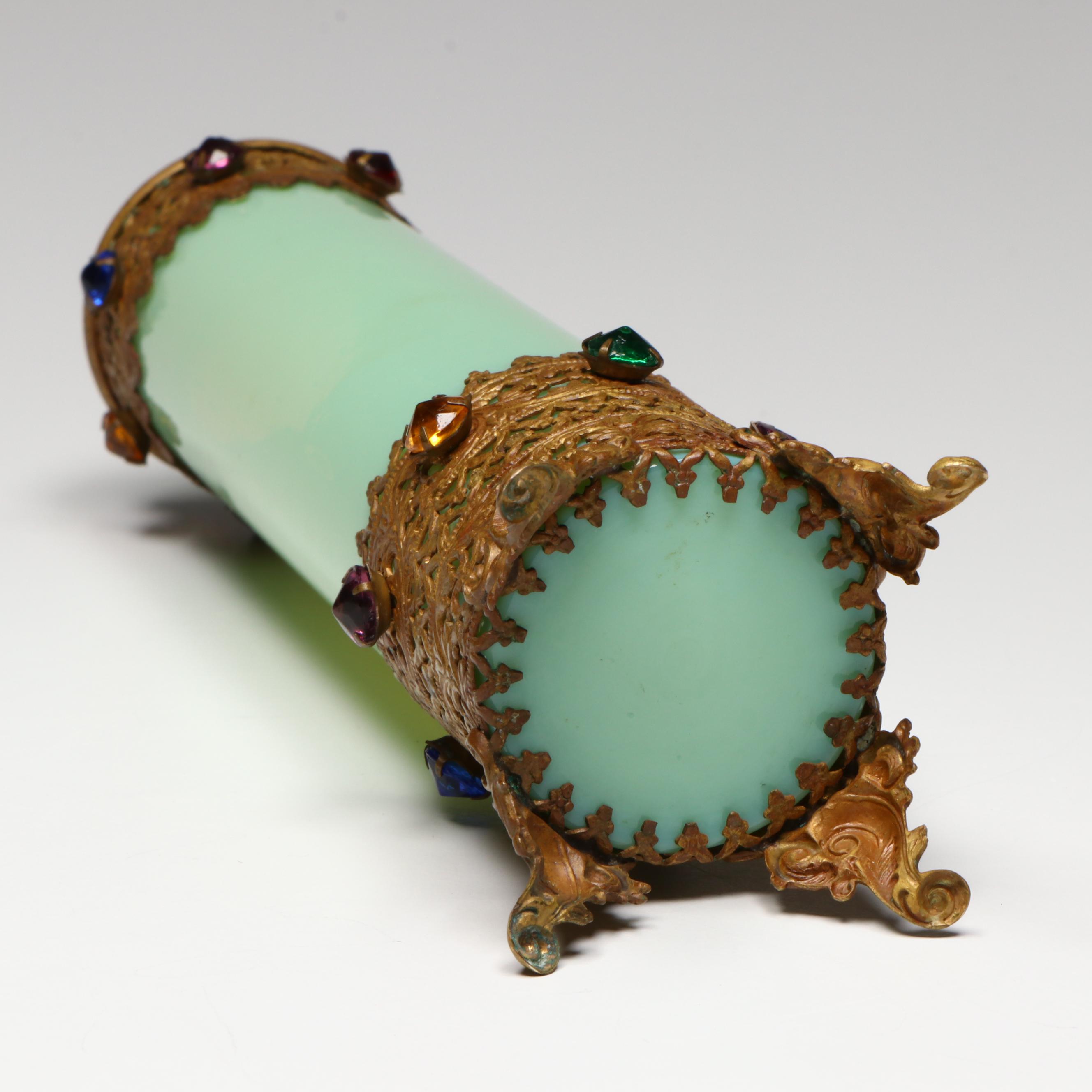 Continental Green Opaline Glass Vase & Gilt Metal Filigree, Jeweled Bead Accents