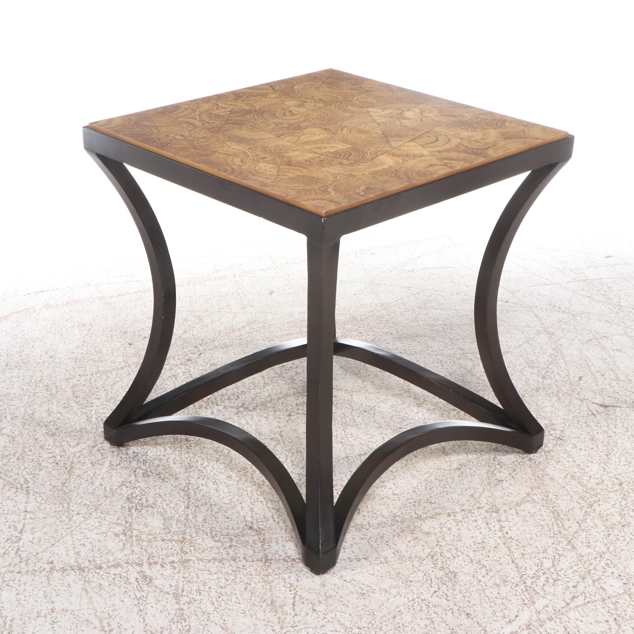 Pair of Baker Furniture Metal Side Tables with Simulated Woodgrain Tops