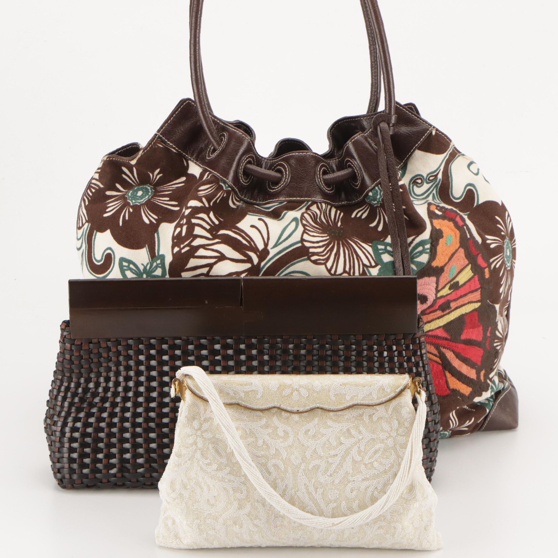 De Vecchi Leather & Wood Clutch, Langlois & Jargeais Beaded Purse & Brighton Bag