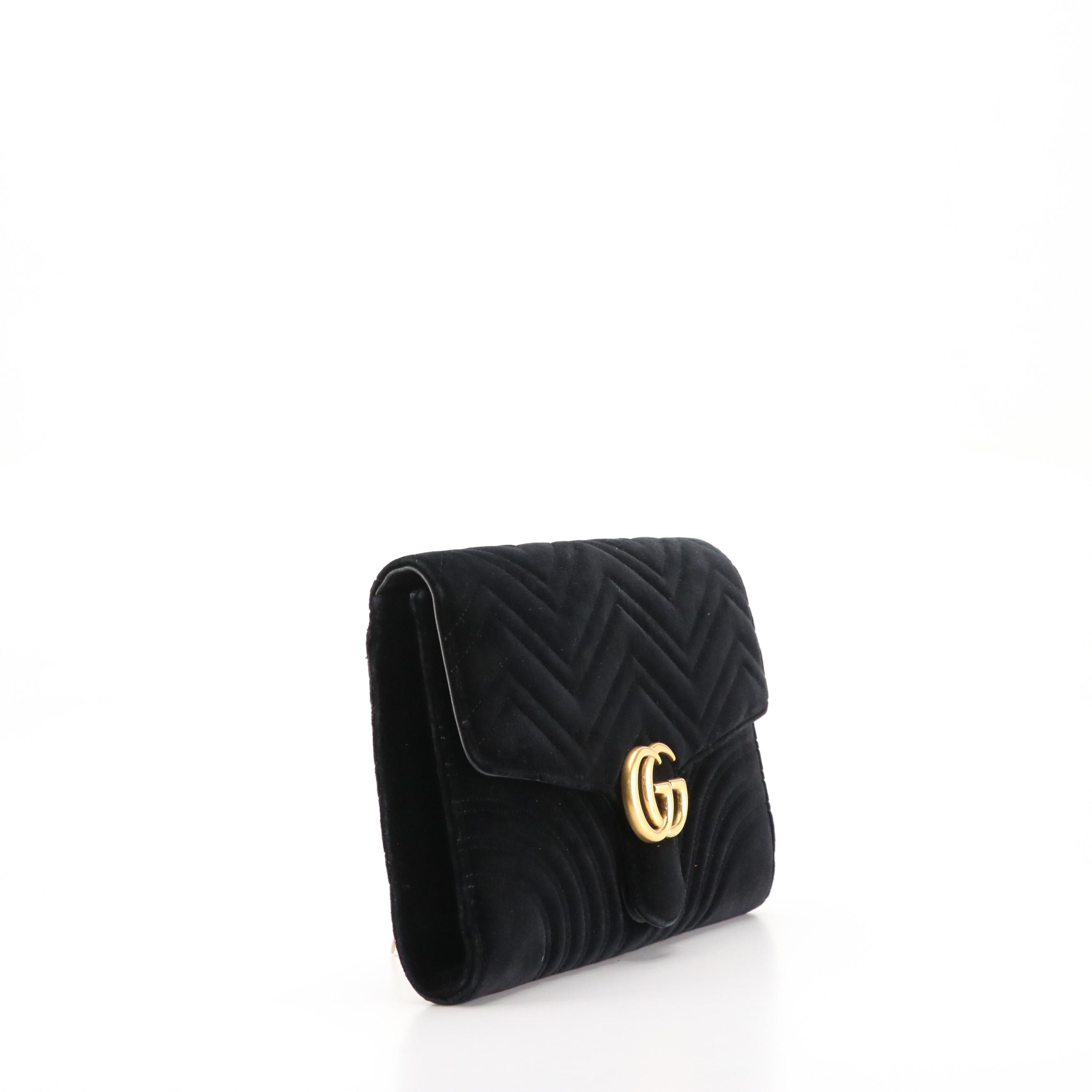 Gucci GG Black Marmont Matelassé Velvet Flap Clutch