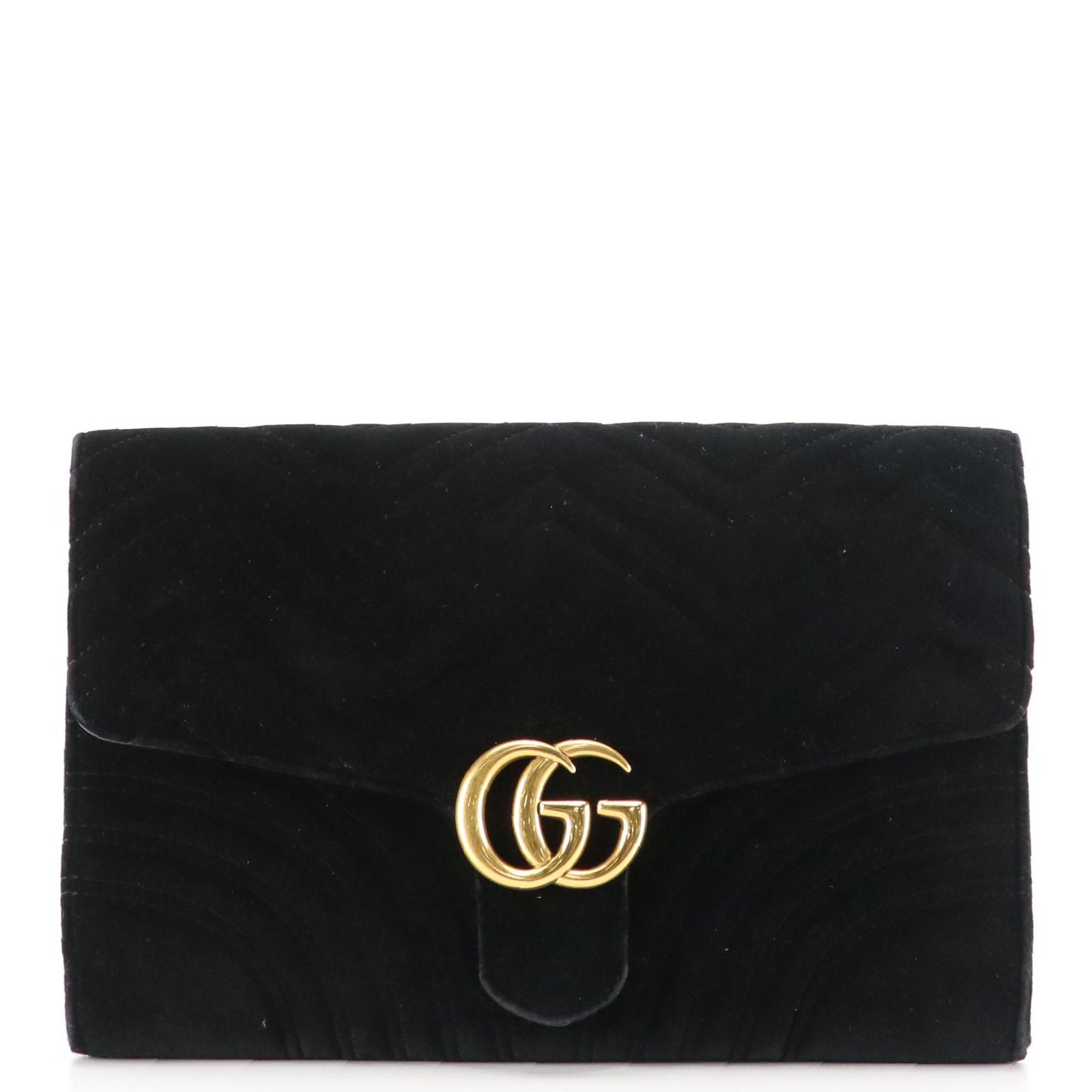 Gucci GG Black Marmont Matelassé Velvet Flap Clutch