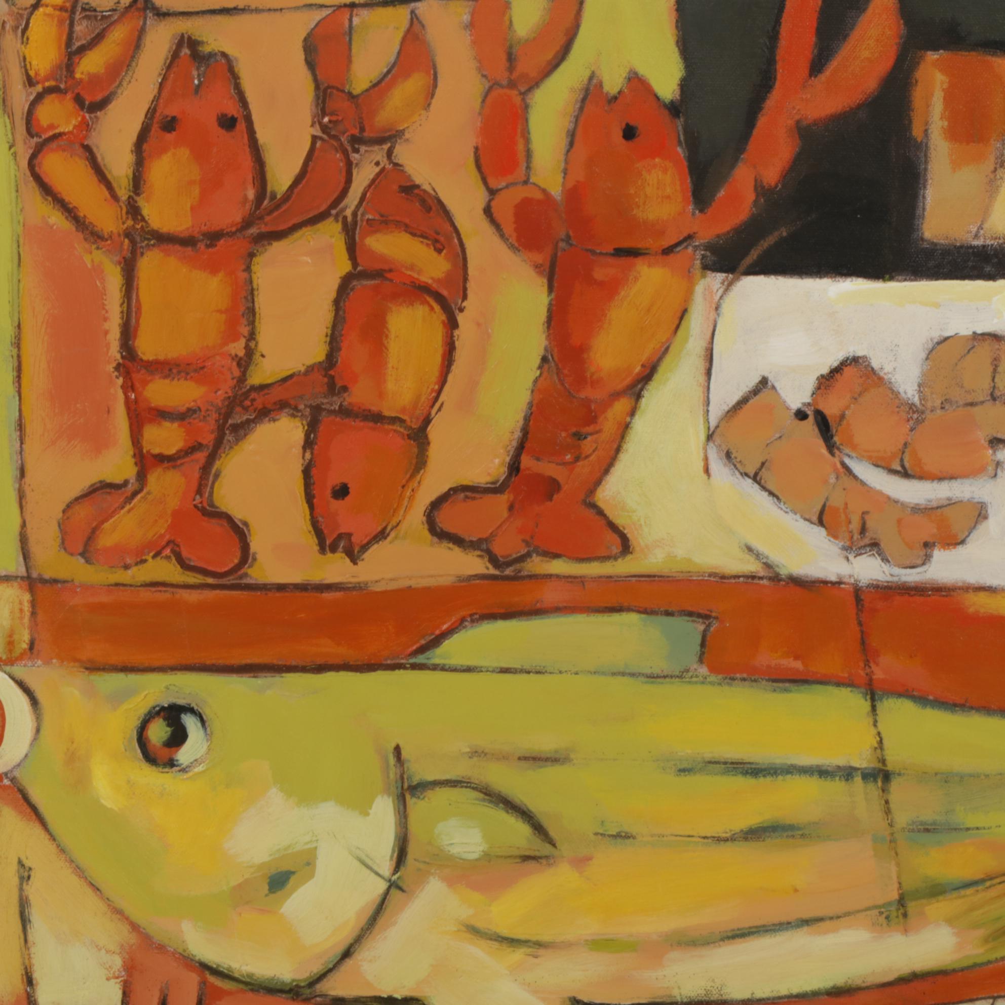 Stylized Oil Painting "Fish Market with Lobster," Early 21st Century
