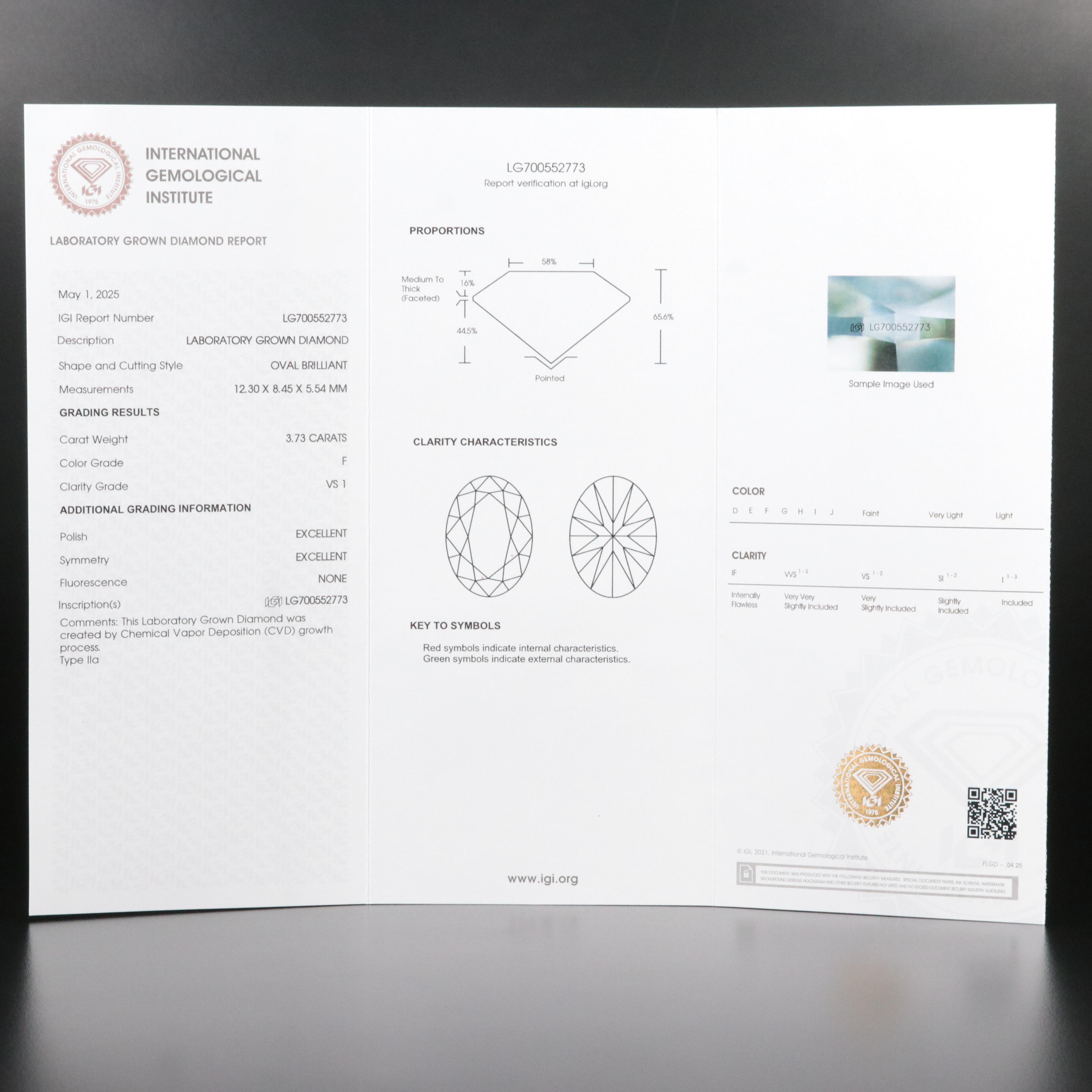 Loose 3.73 CT Lab Grown Diamond with IGI Report