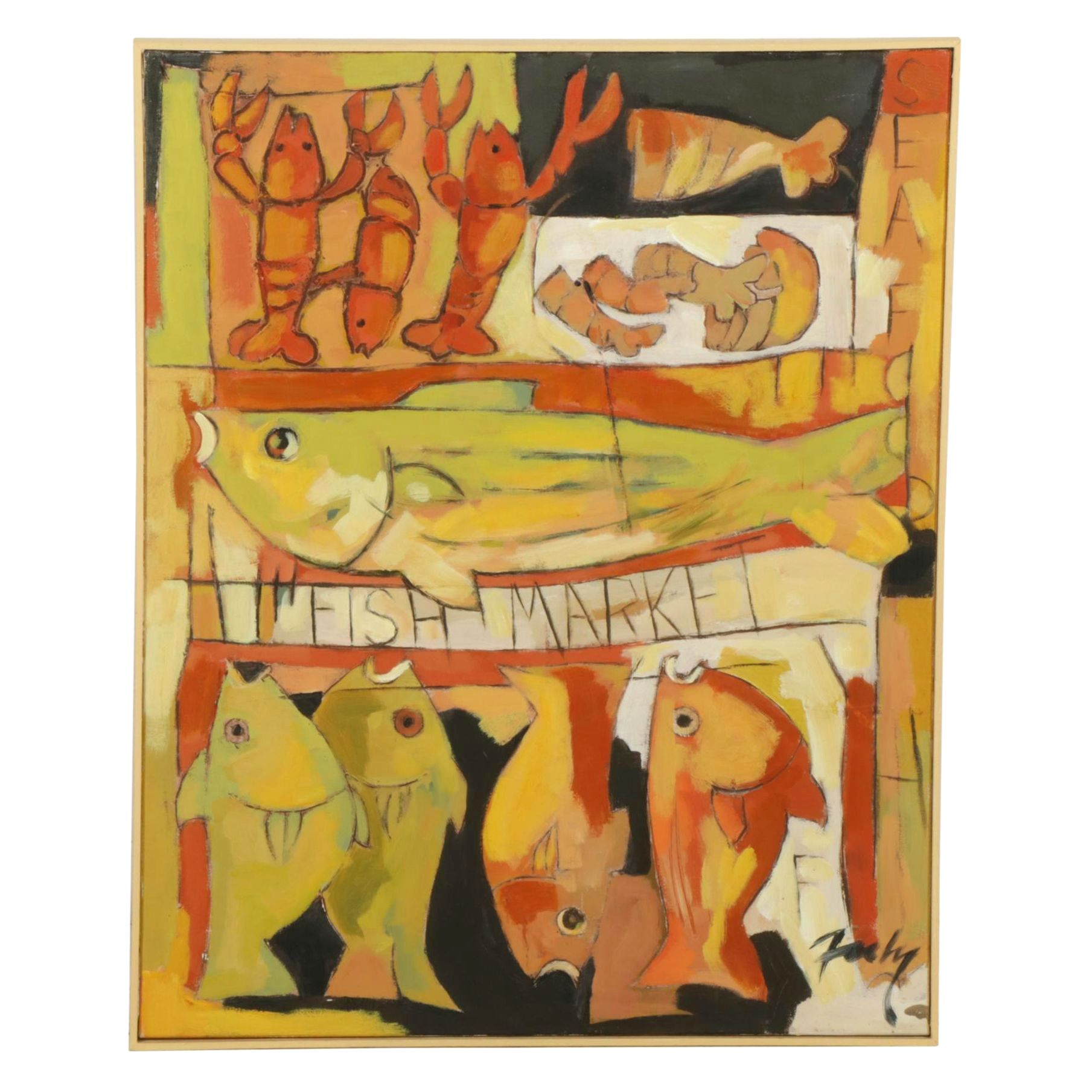 Stylized Oil Painting "Fish Market with Lobster," Early 21st Century