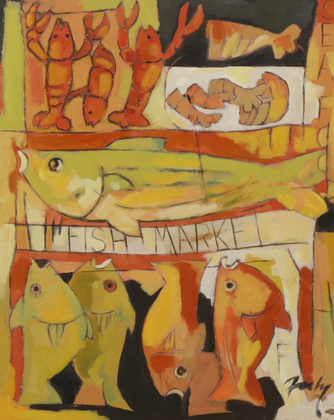Stylized Oil Painting "Fish Market with Lobster," Early 21st Century