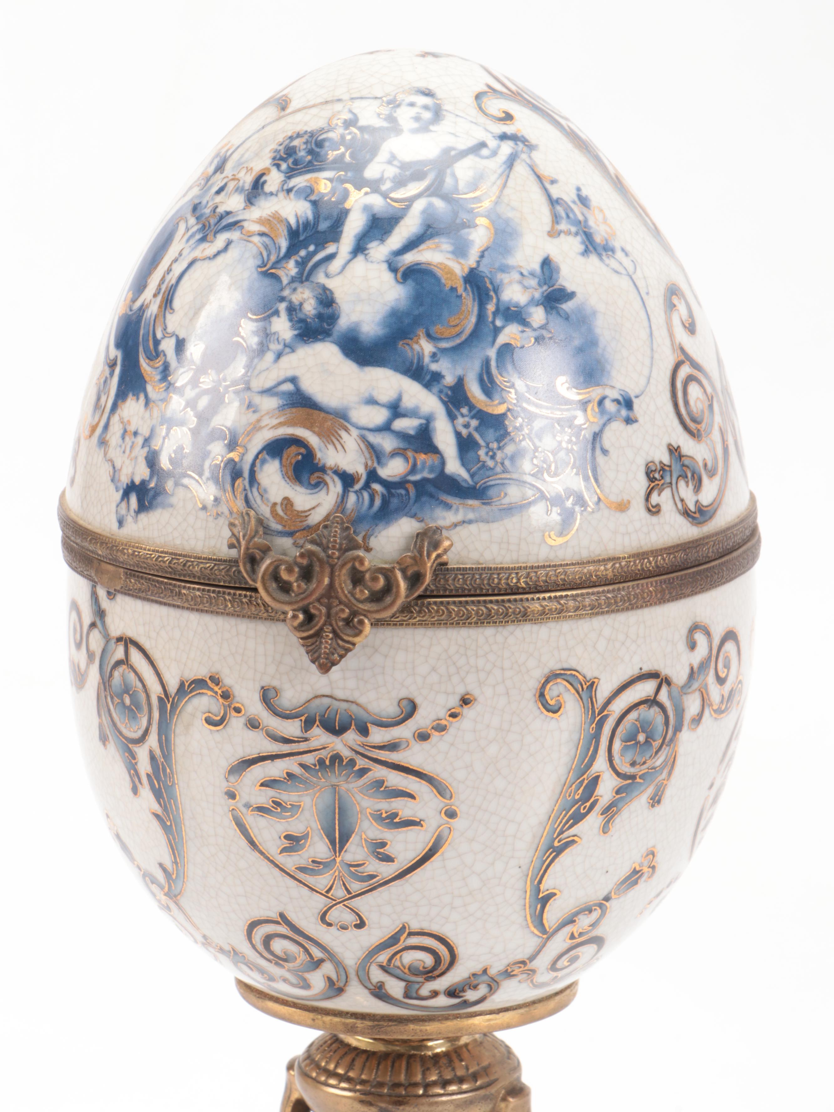 French Style Ceramic Hinged Egg Box on Stand