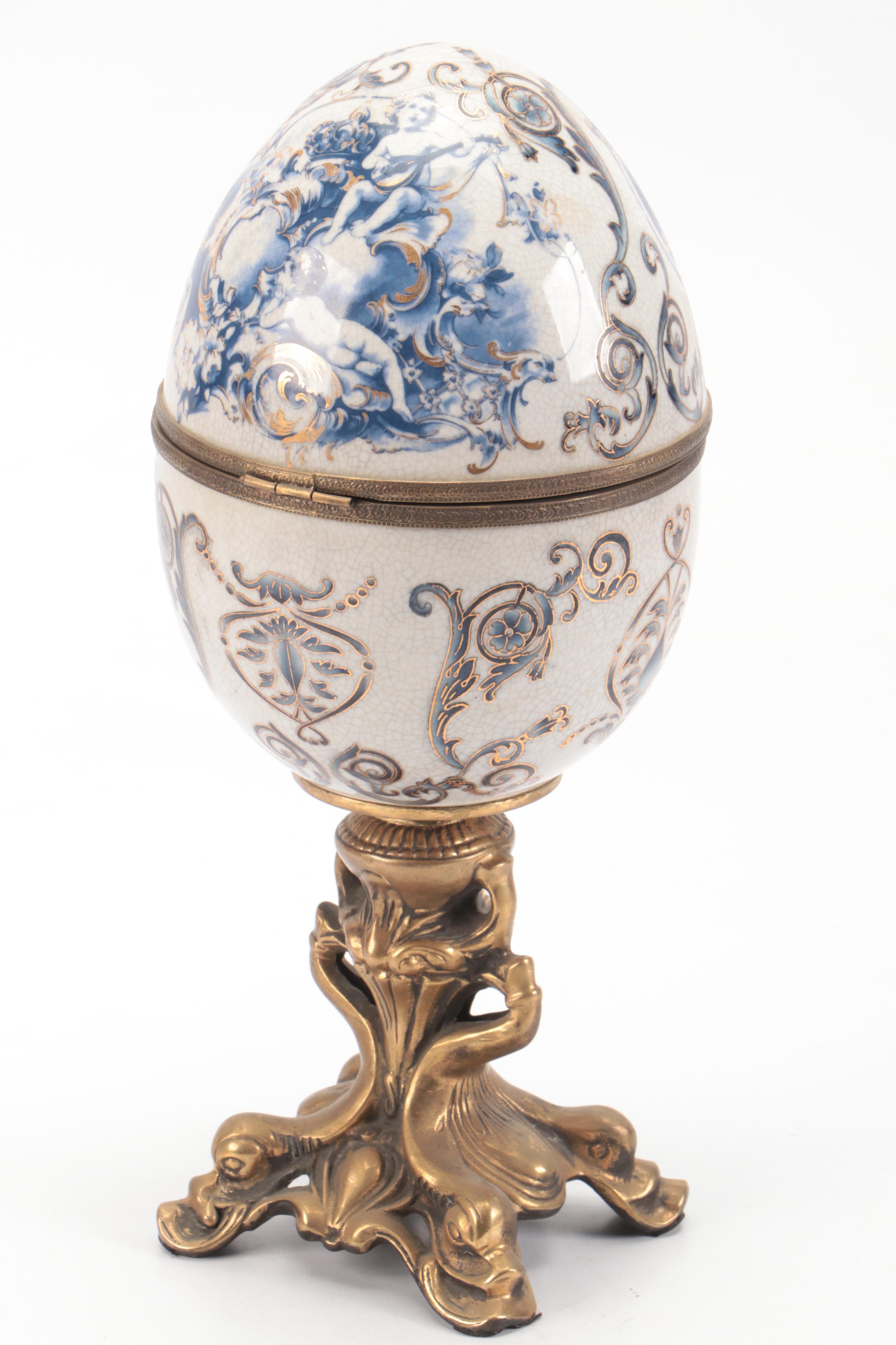 French Style Ceramic Hinged Egg Box on Stand