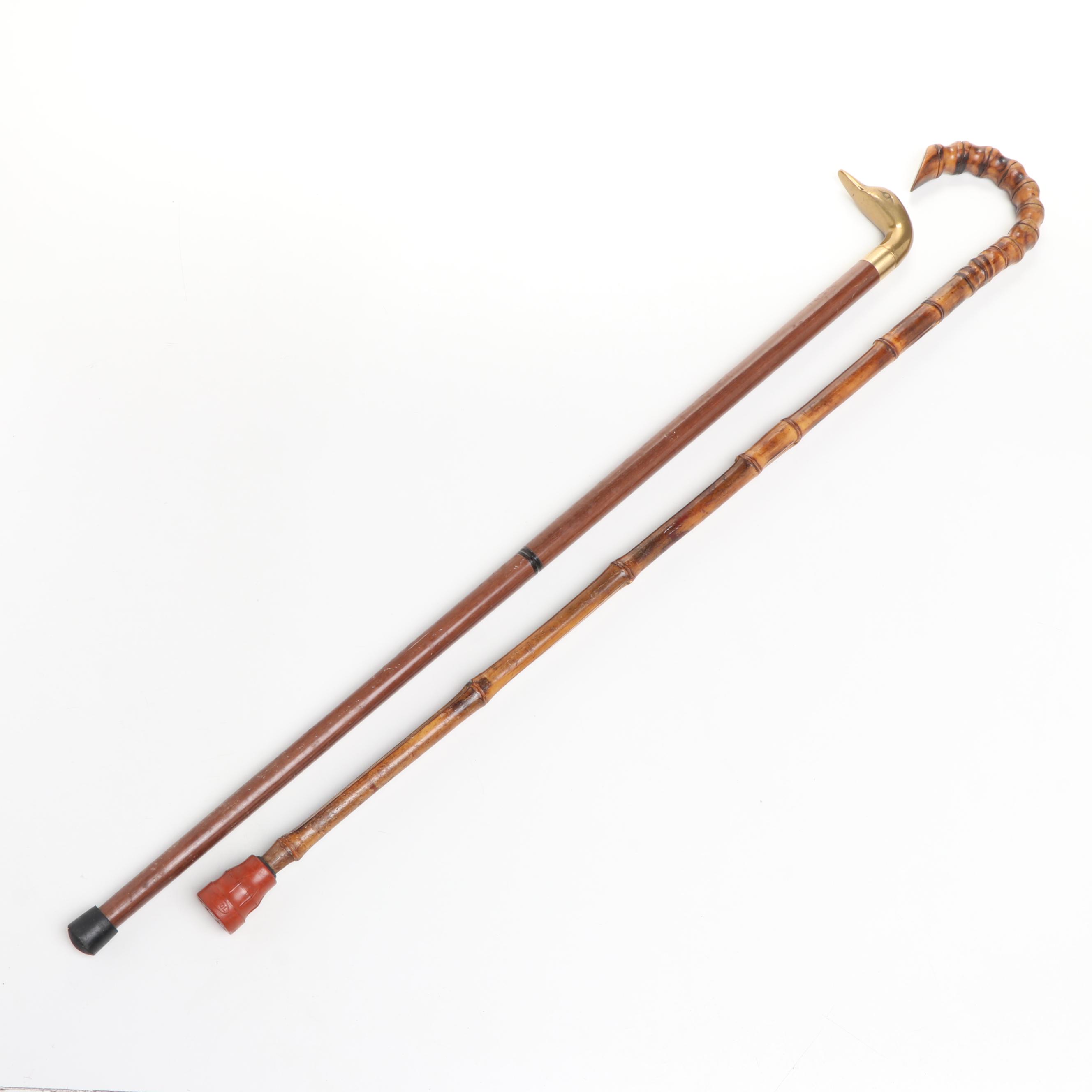 Brass Duck Head and Carved Wood Canes