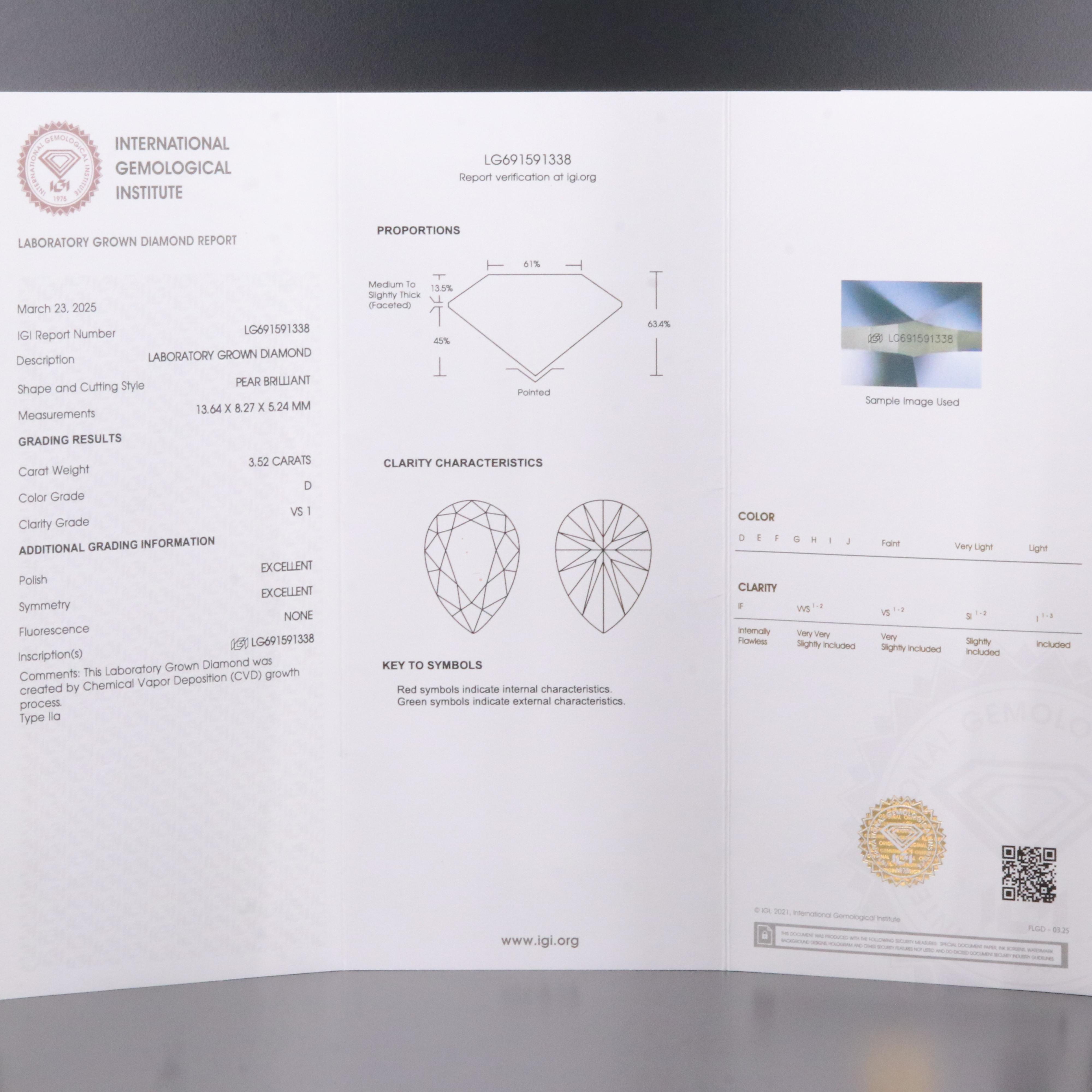 18K 3.52 CT Lab Grown Diamond Solitaire Ring with IGI Report