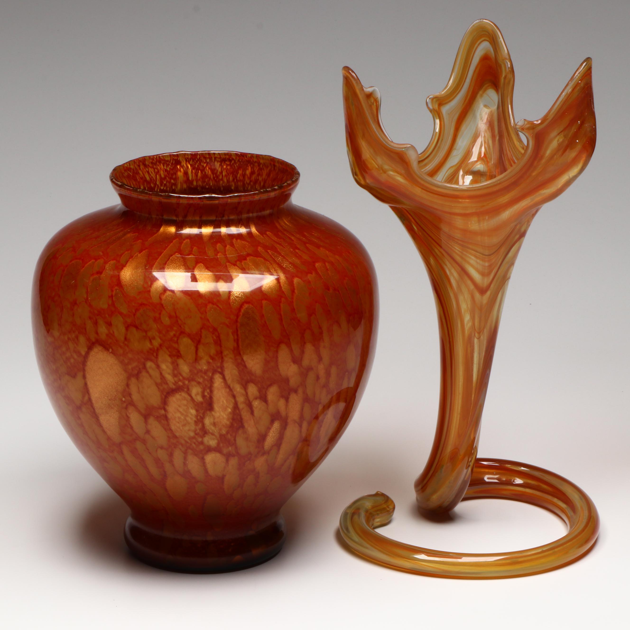 Sooner Glass Abstract Trumpet Vase with Italian Aventurine Red Vase