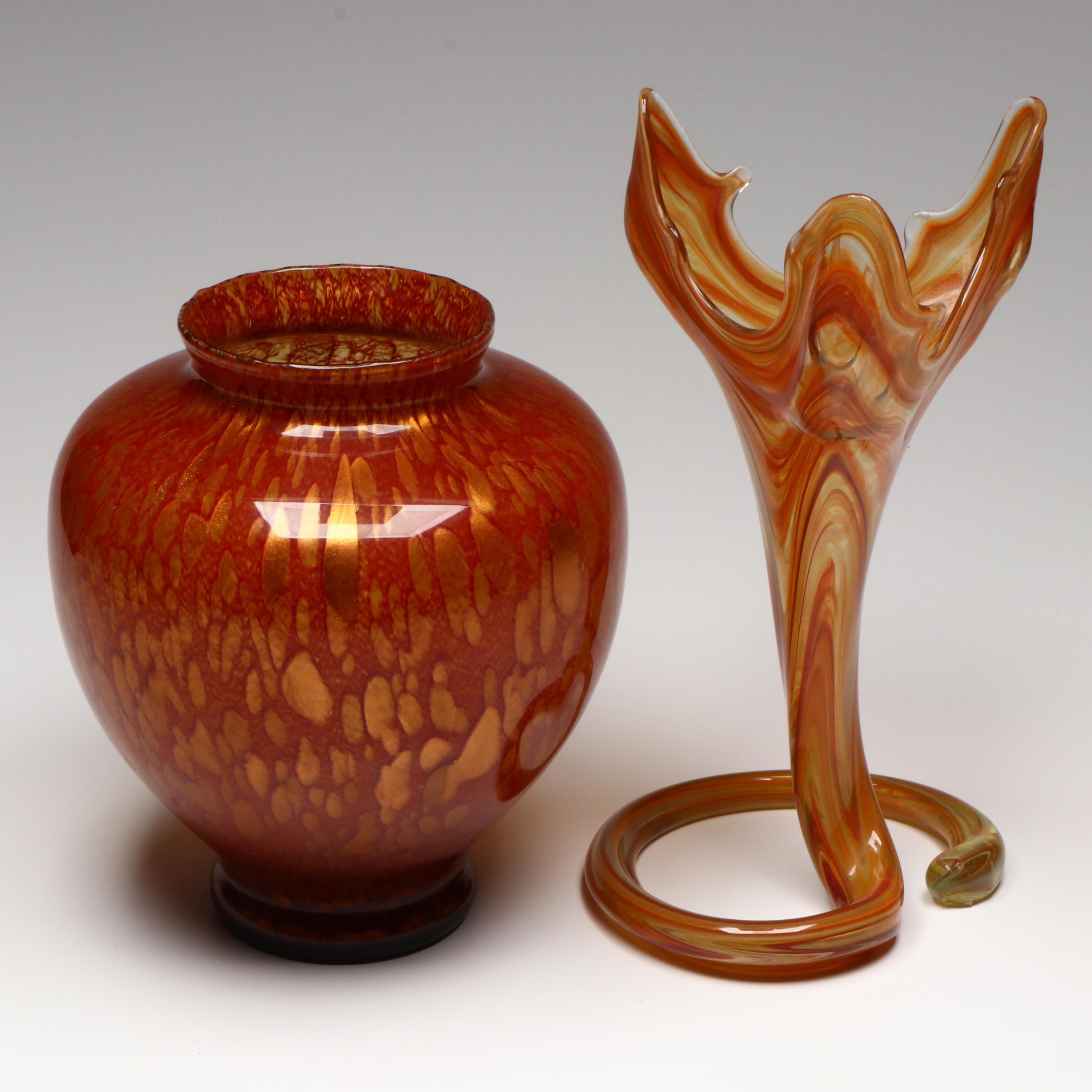 Sooner Glass Abstract Trumpet Vase with Italian Aventurine Red Vase